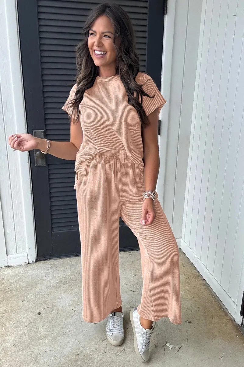 Love Salve Smoke Gray Corded Knit Women's Casual Set: Stylish Fit, Wide Leg Pants
