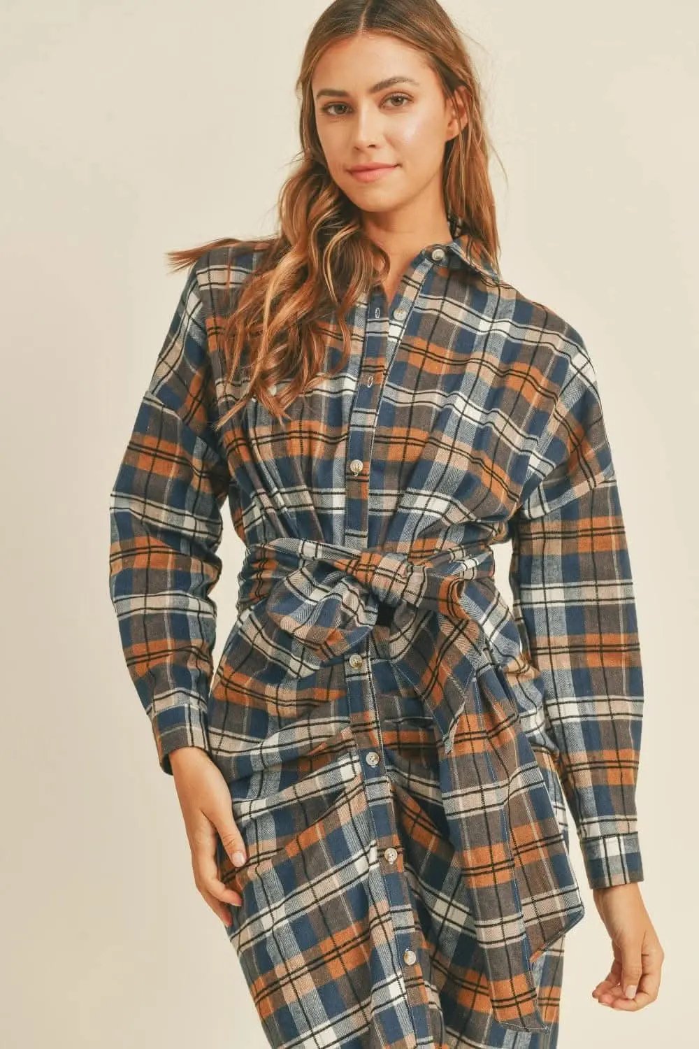 Shirts Trendsi Plaid Flannel Dress Women's Tie-Front Shirt Dress Casual, Ship from USA