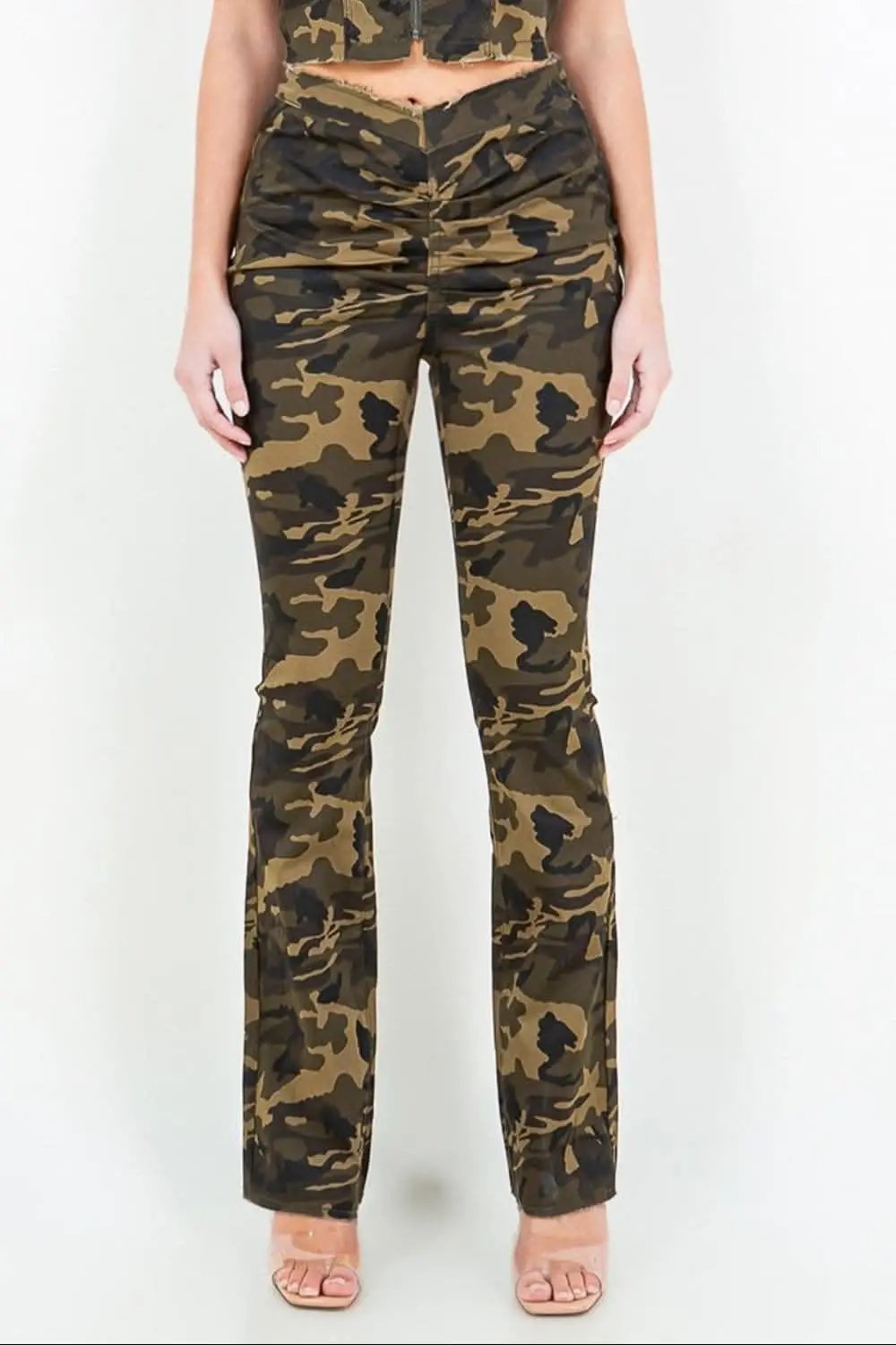 Trendsi V-cut camo flared pants
