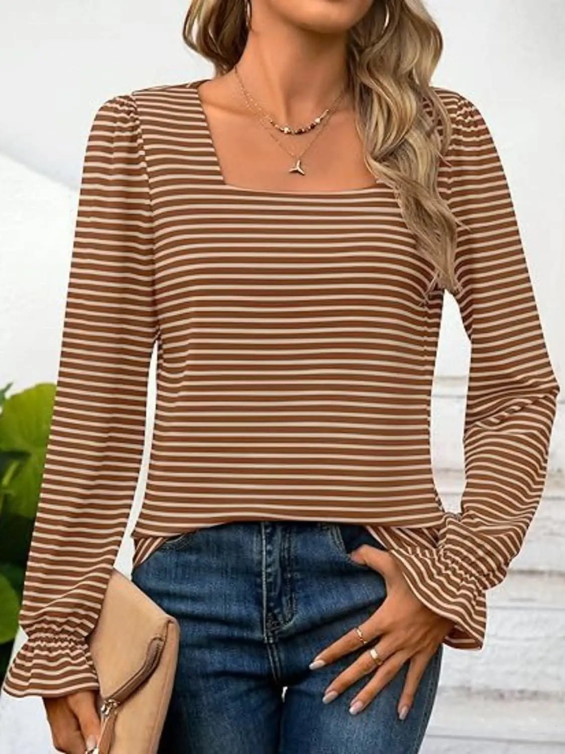 Women's Top Top - Striped Flounce Sleeve - Chic Style