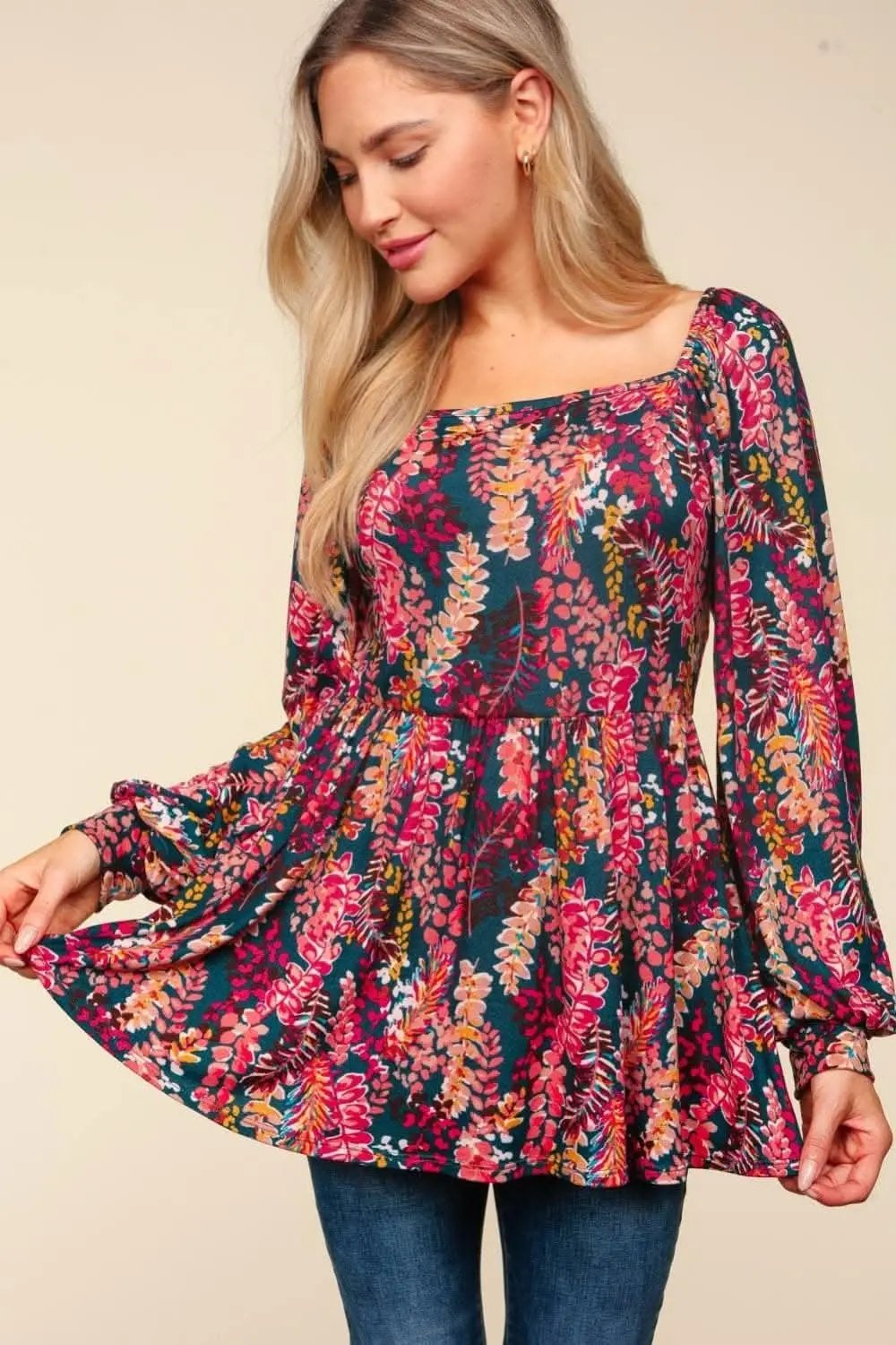 Pants Trendsi Haptics Full Size Peplum Floral Square Neck Blouse
