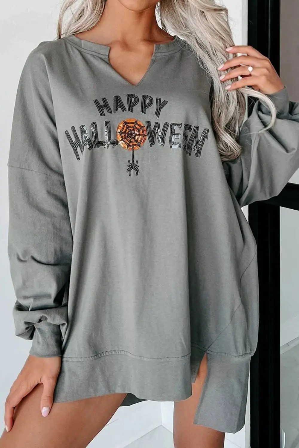 Sweatshirts & Hoodies Trendsi Notched sequin letter top in sheer