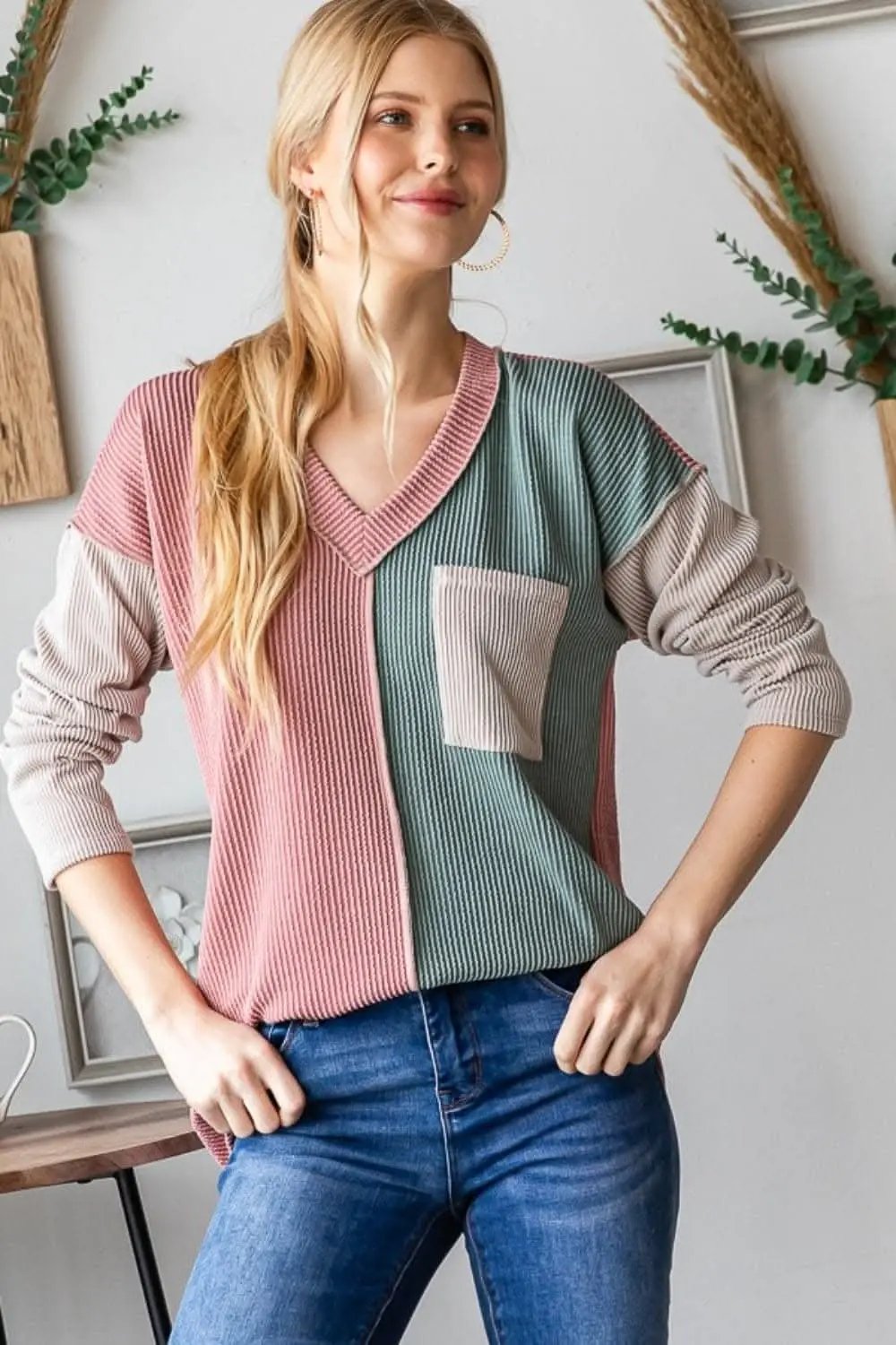 T-Shirts Trendsi Color block ribbed tee with seams
