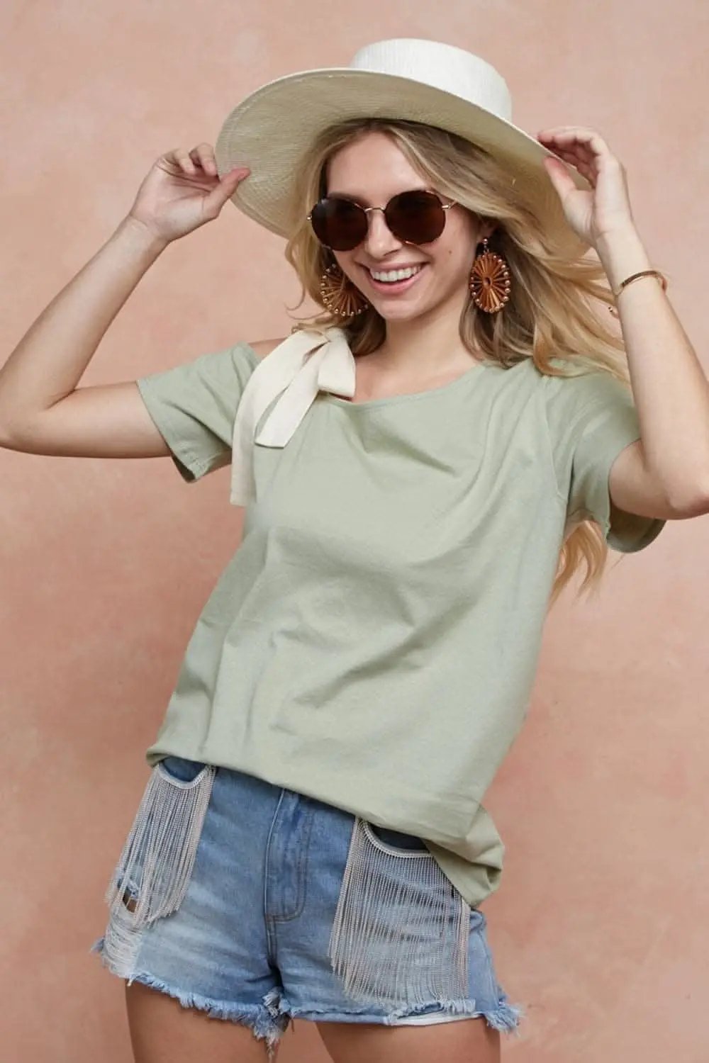 T-Shirts Trendsi One-Shoulder Tee Women's Casual T-Shirt Ribbon Tie Detail, Trendy Top