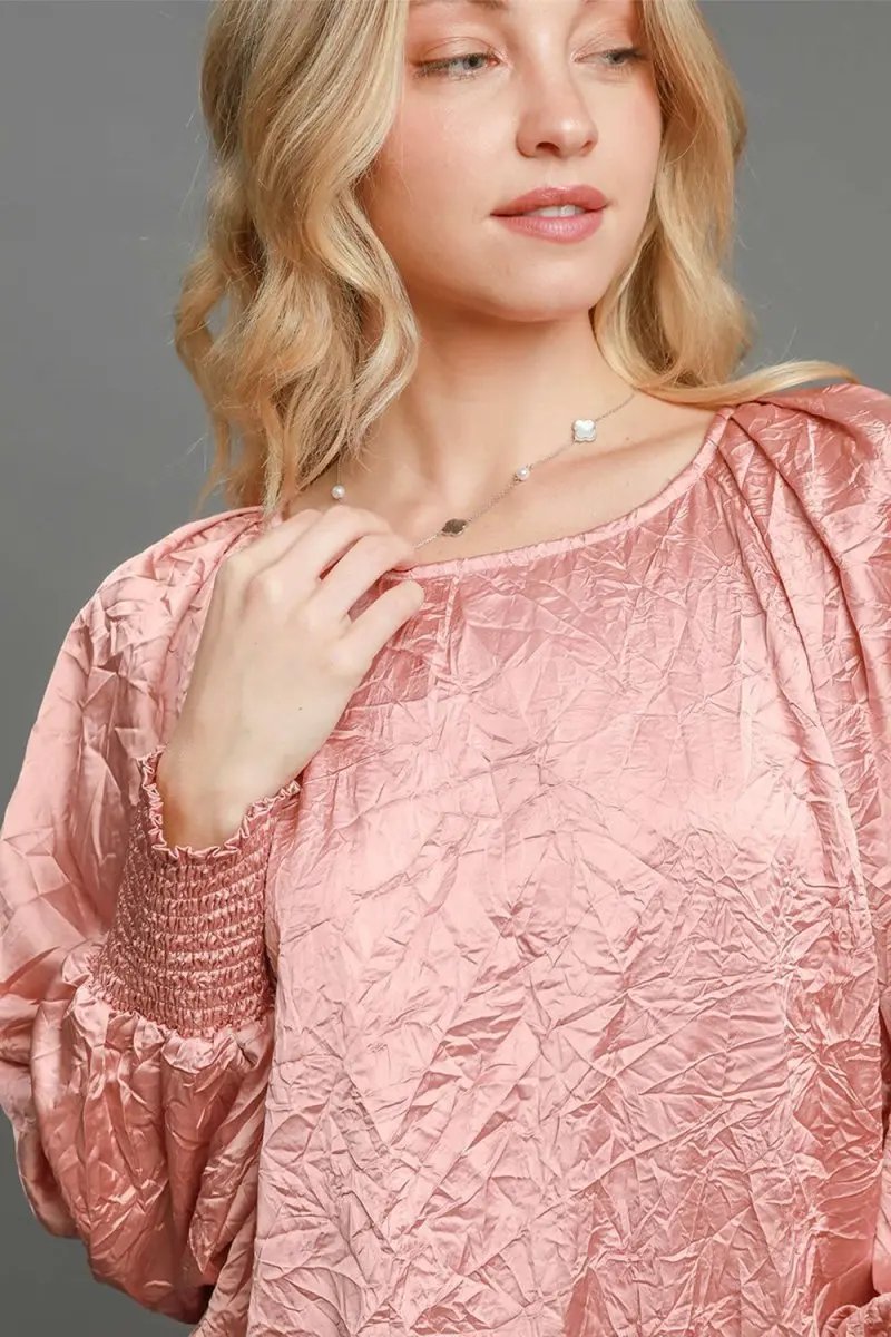 Trendsi Wrinkled Blouse Women's Casual Top Lantern Sleeve Shirt Comfy Fit