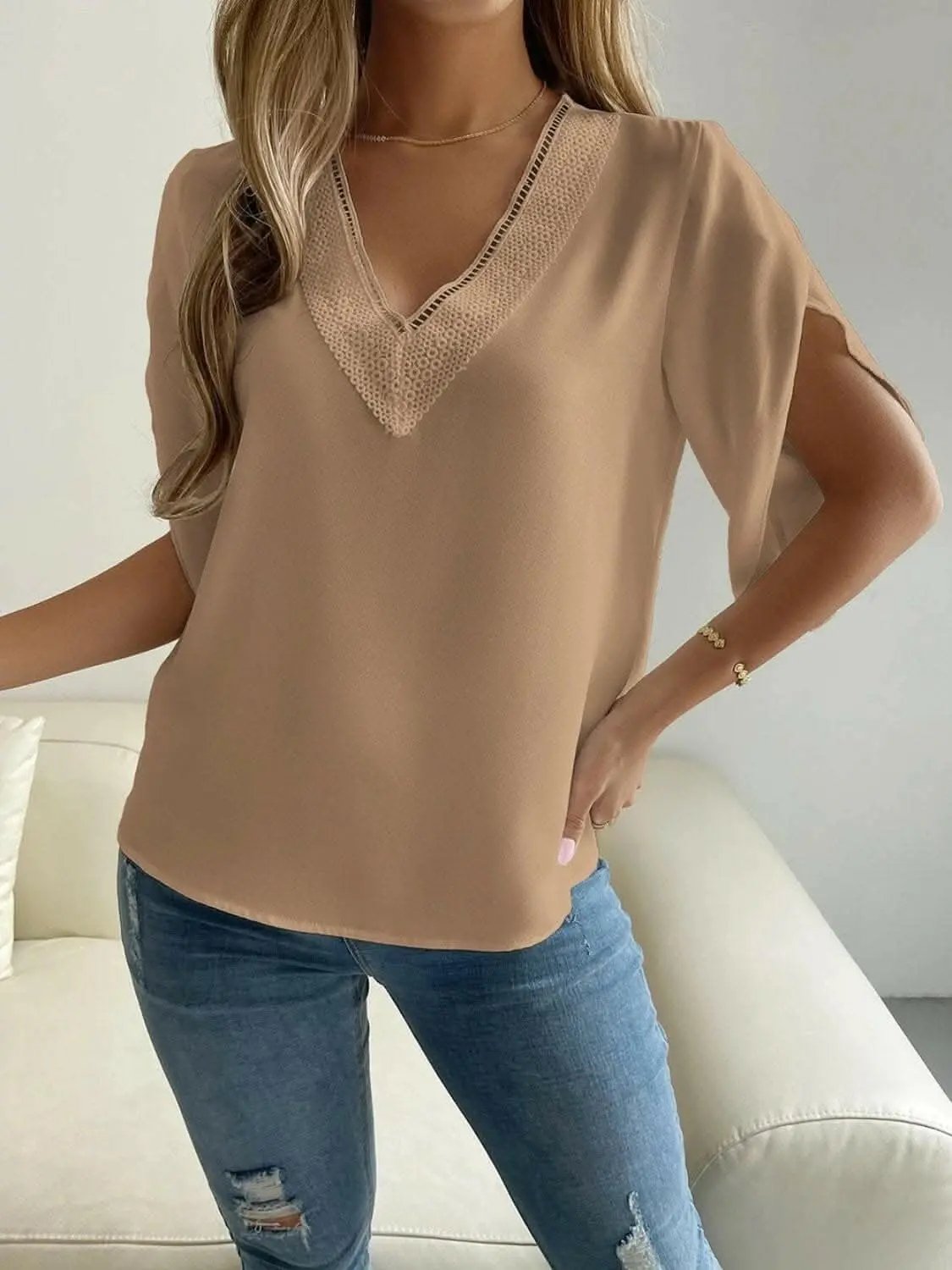 Trendsi V-Neck Blouse Short Sleeve Versatile Top