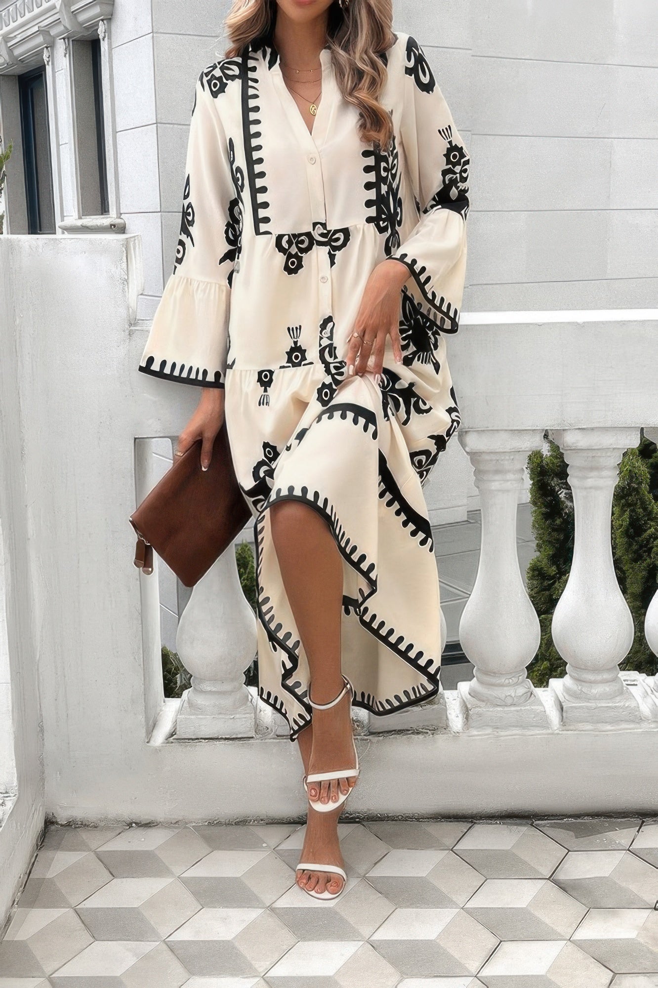 V Neck Stand Collar Button Floral Splicing Dress