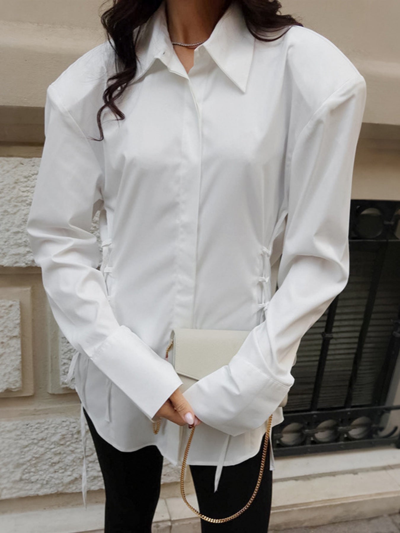White Button Up Side Lace Up Shirt