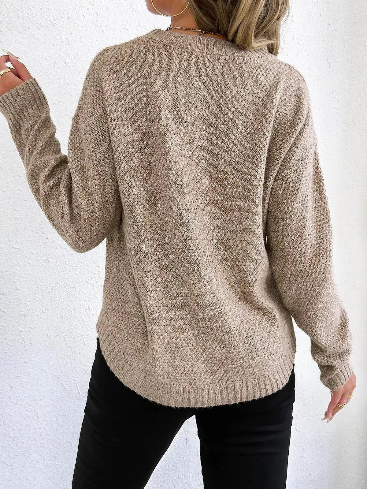 Round Neck Textured Knit Relaxed Fit Sweater