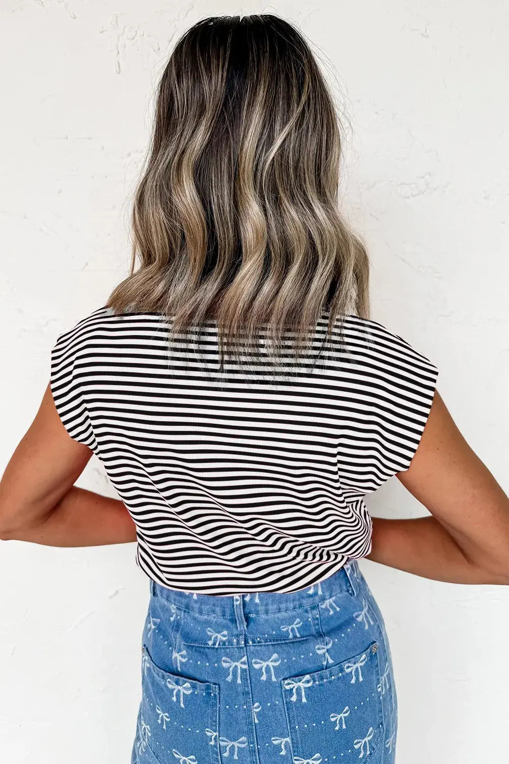 Striped Round Neck Cap Sleeve Slim Fit T Shirt