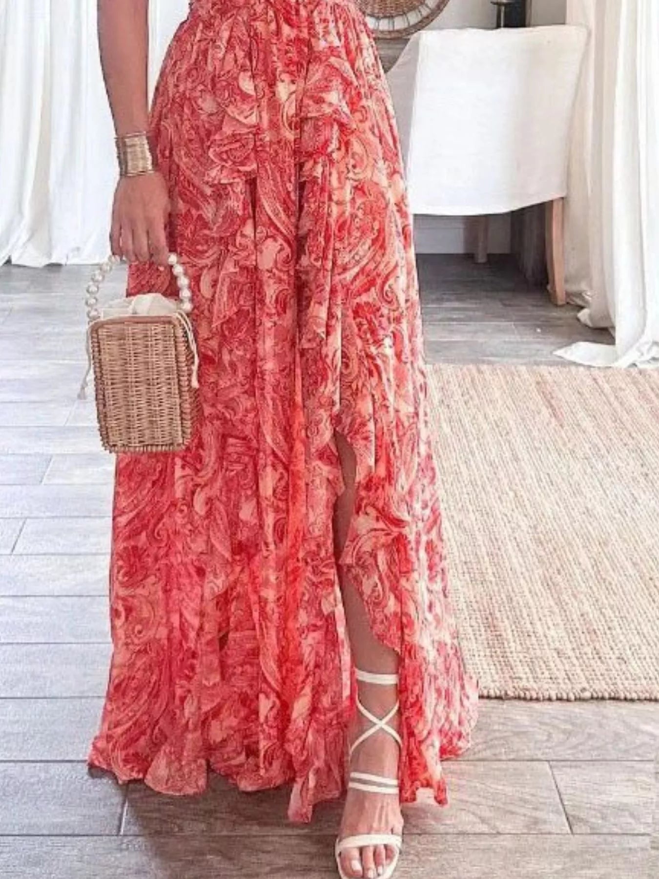 Full Size Ruffled Cutout V Neck Maxi Dress
