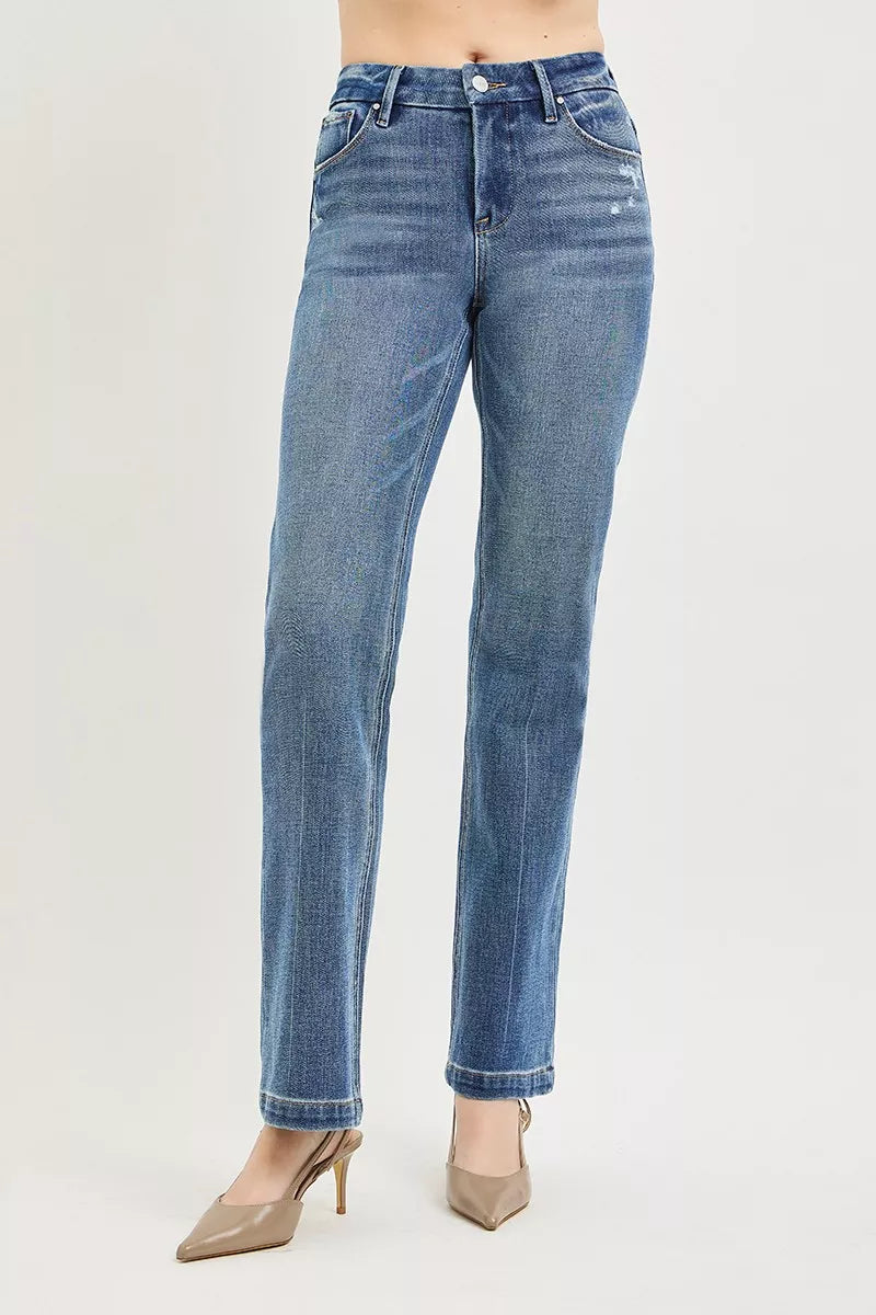 RISEN Tummy Control 4-Way Stretch Mid Rise Straight Jeans with Crease Line Detailing