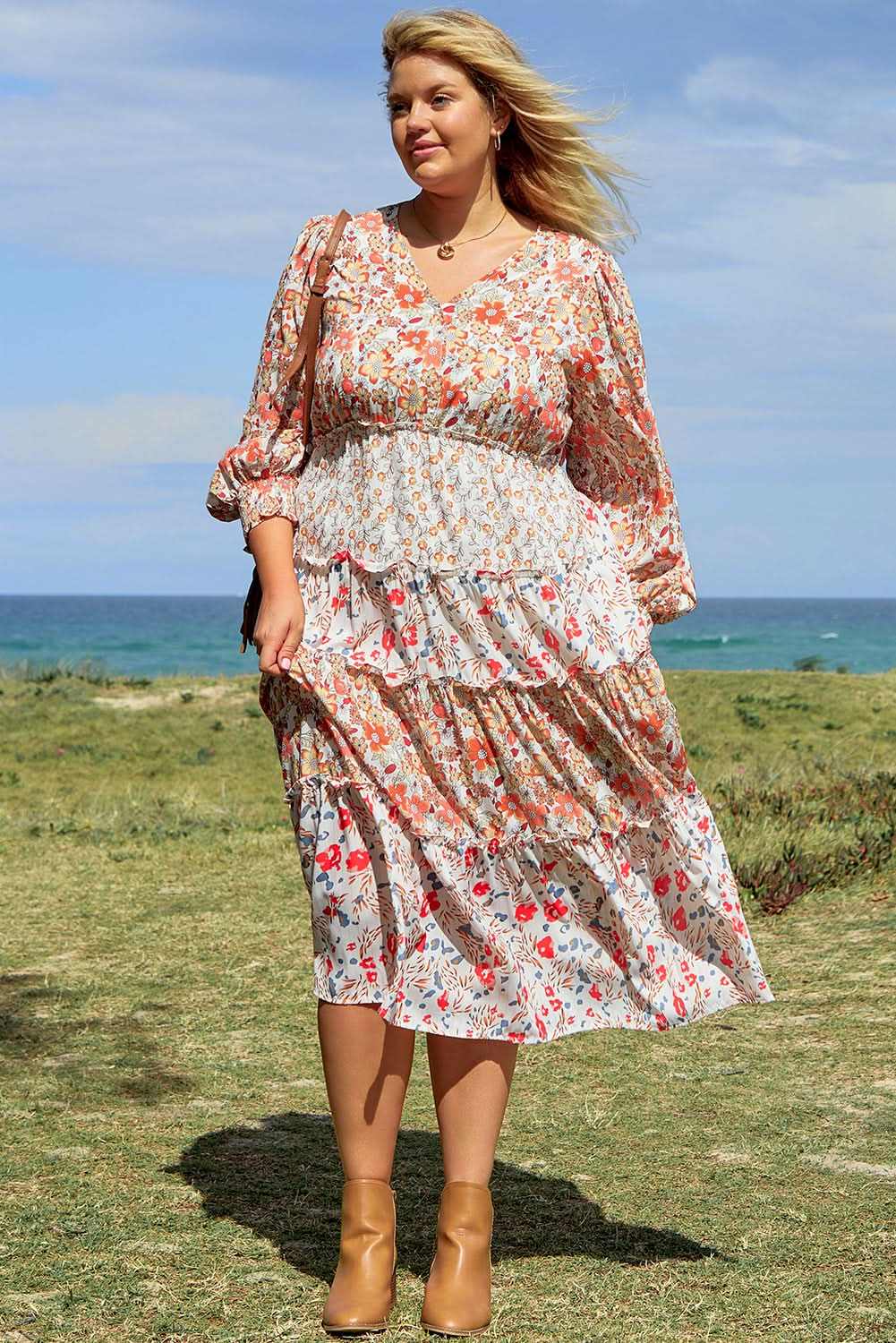 Dresses Love Salve Khaki Floral Maxi Dress Women's Fall Southern Belle Style + Comfy Fit