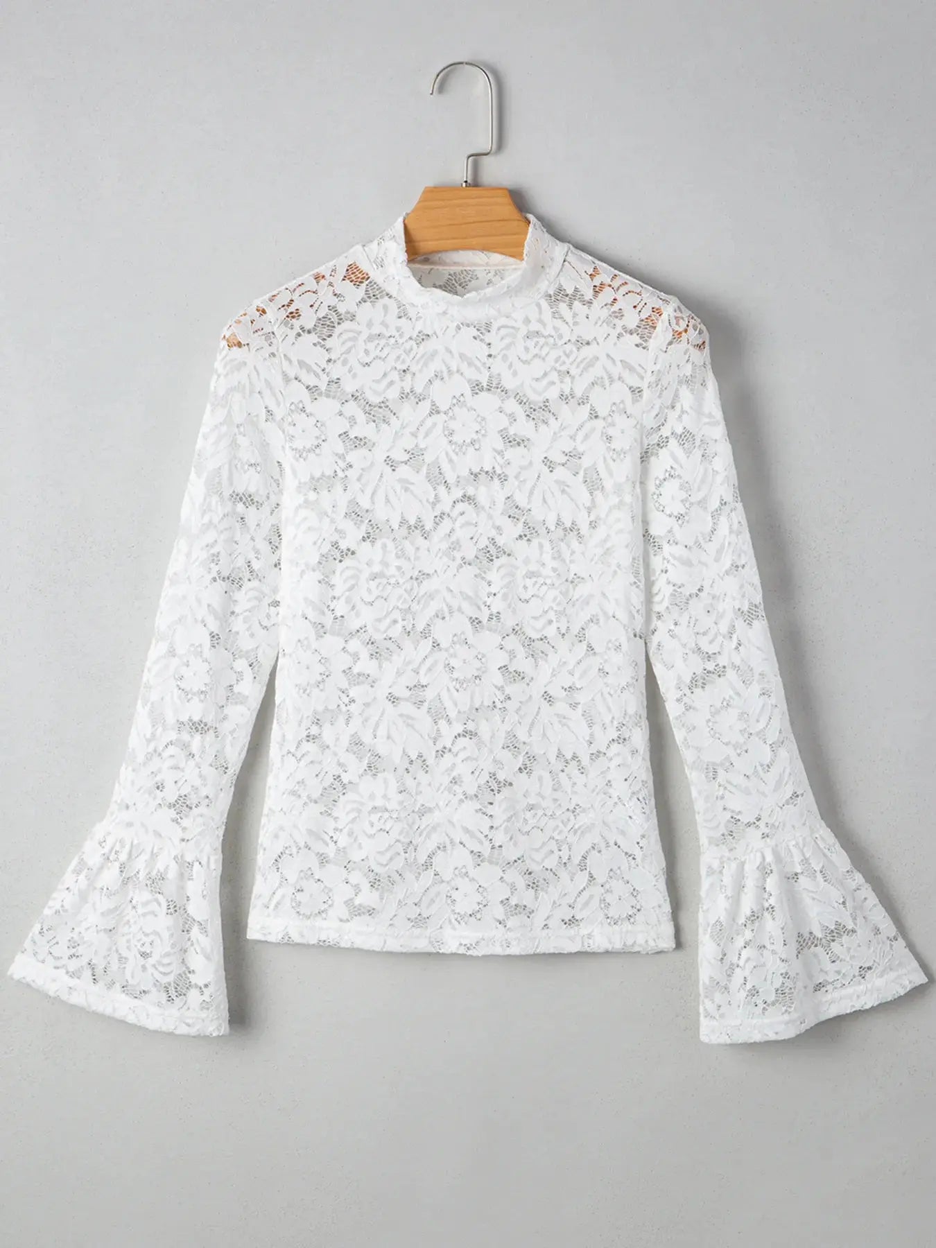 Lace Crochet Bell Sleeve Mock Neck Blouse