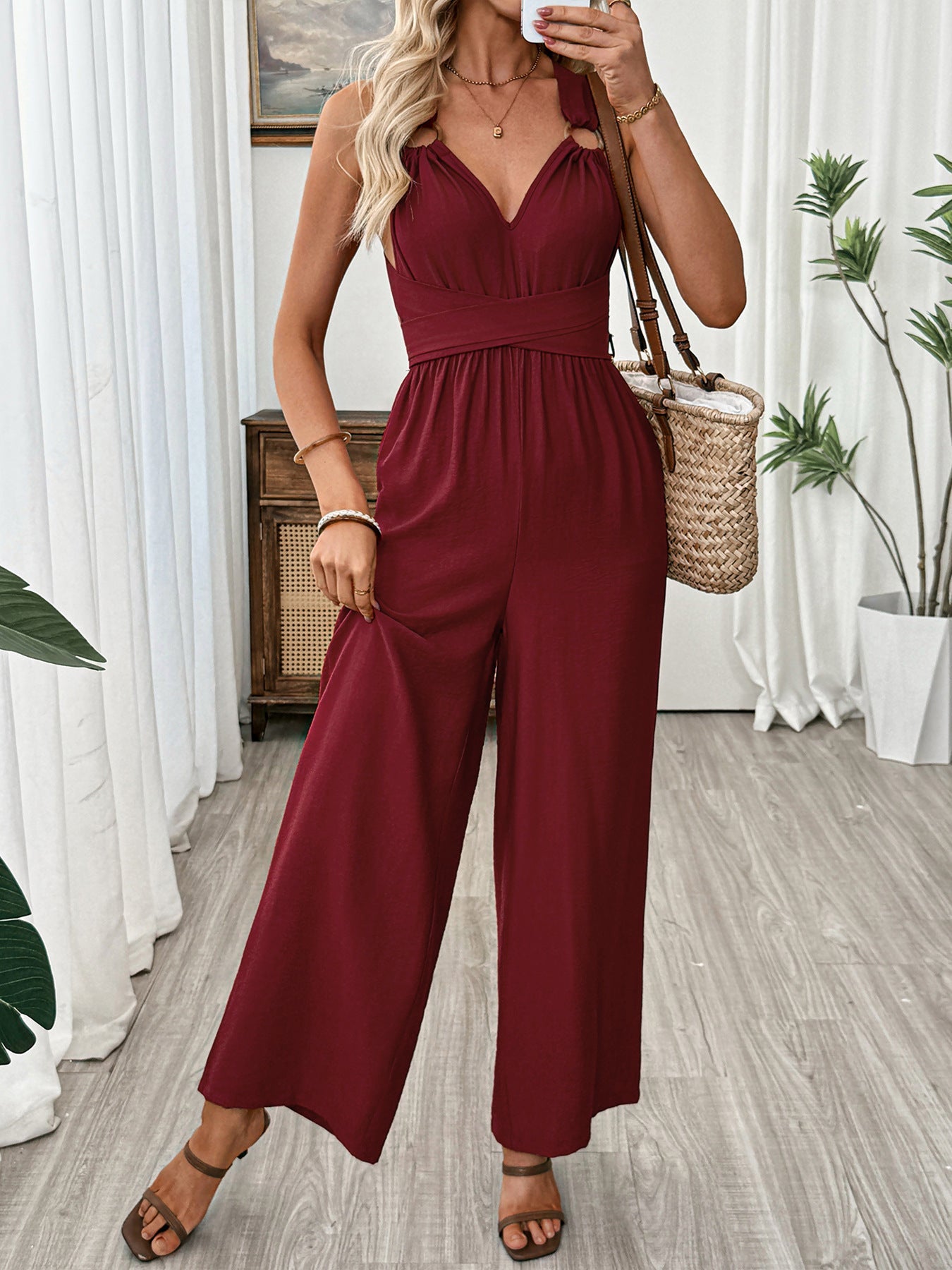 V Neck Sleeveless Wide Leg Jumpsuit