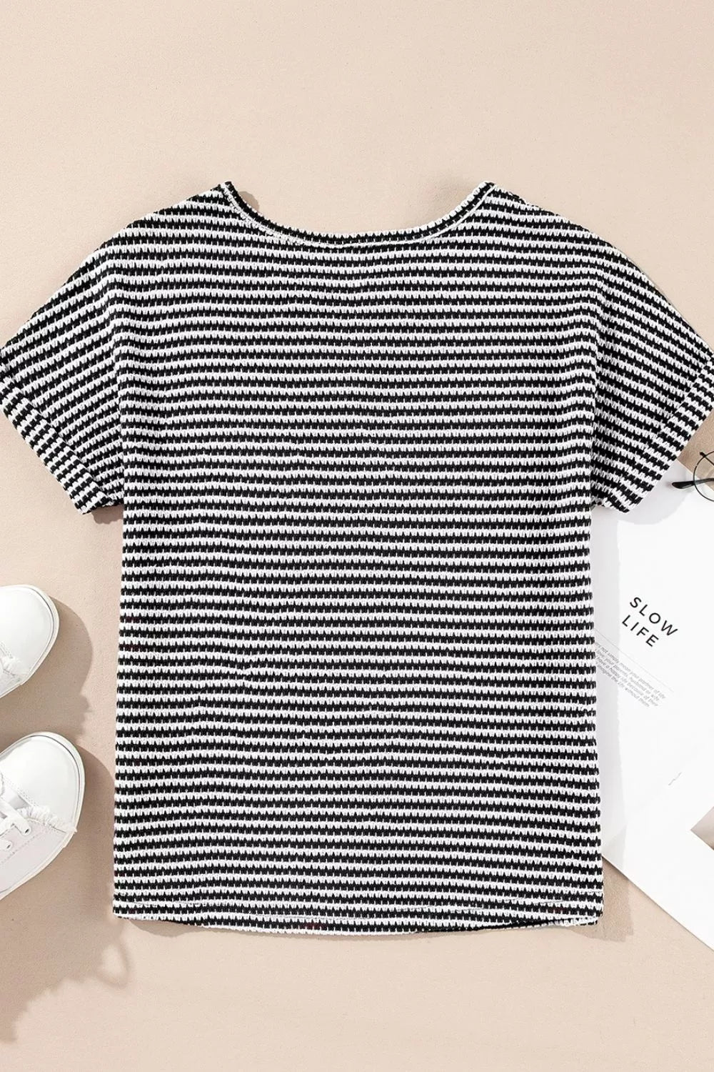 Stripe Textured Knit Notched Neck Cuffed Short Sleeve Shirt