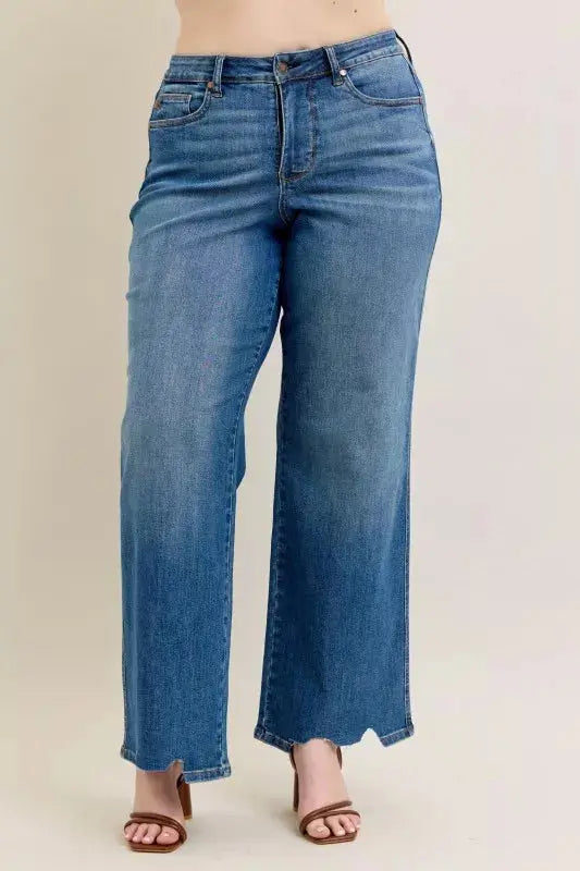 Judy Blue Full Size High Waist Tummy Control Destroy Wide Leg Jeans with Chew Hem
