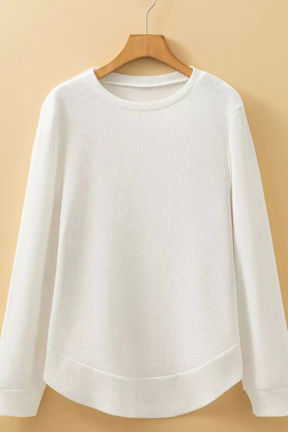 Rounded Neck Long Sleeve Waffle Knit Top