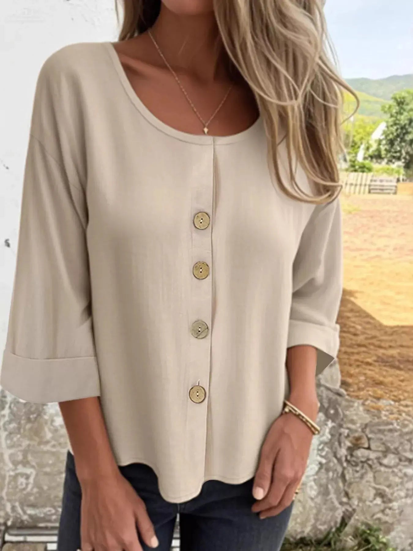 Button-Front 3/4 Sleeve Plus Size Casual Top
