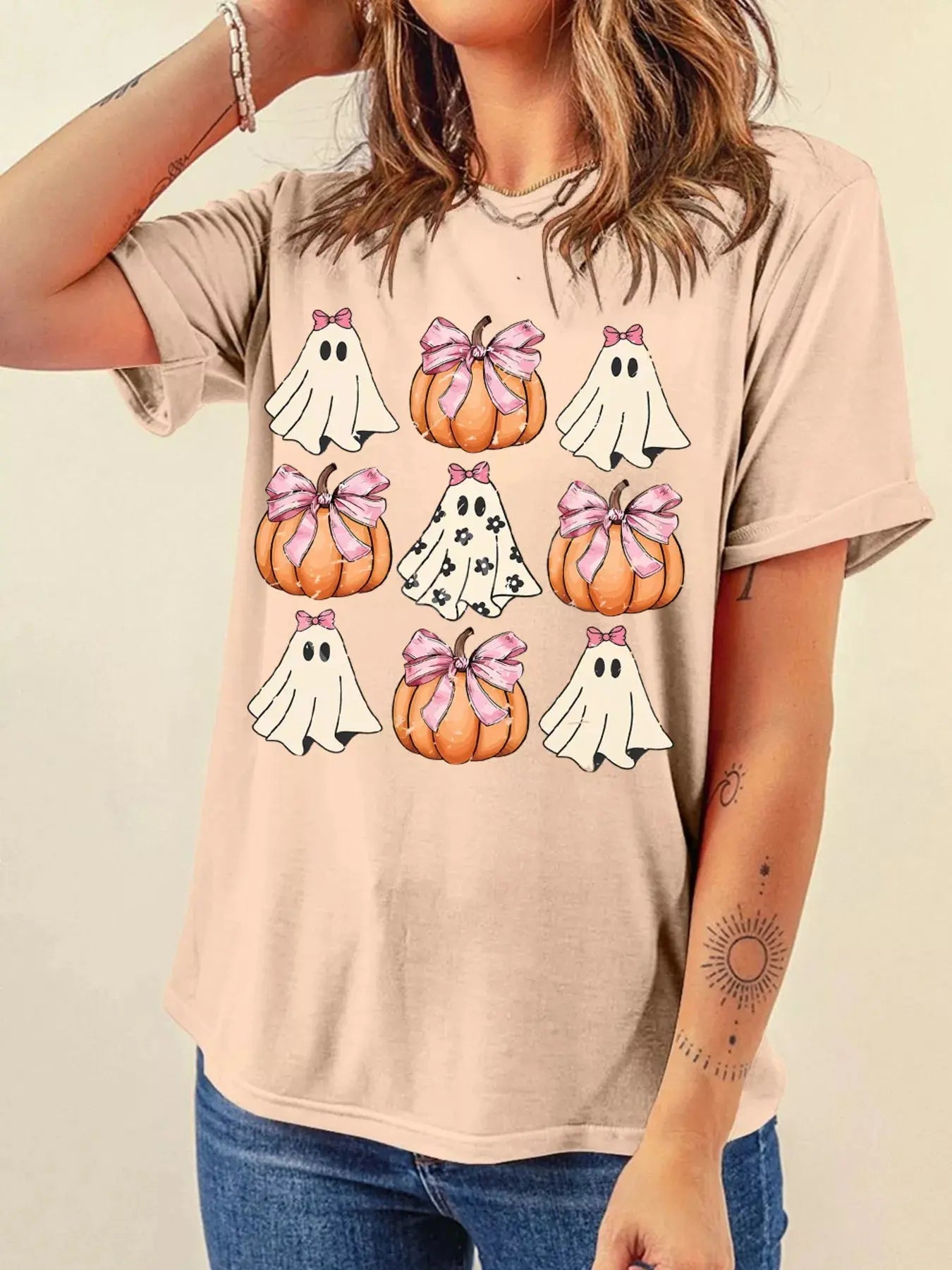 Bowknot Ghost Pumpkin Halloween Graphic T Shirt