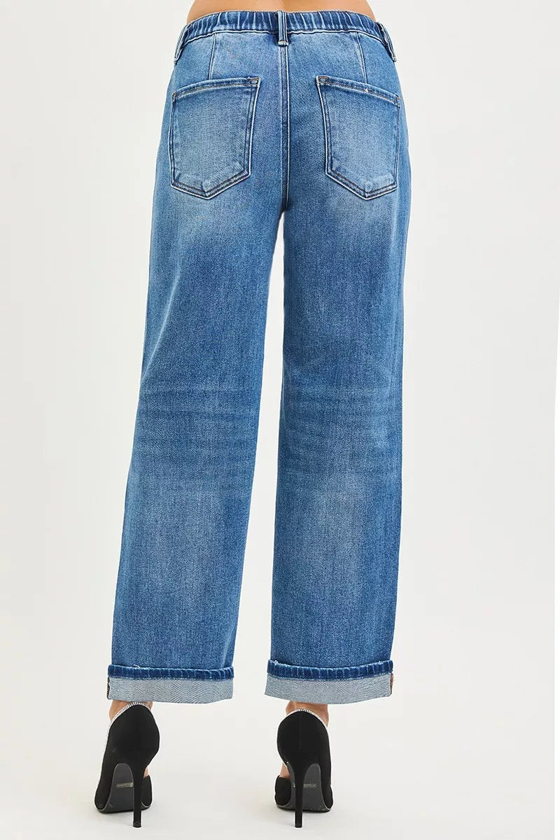 RISEN Jeans - Elastic Waist Slouchy Boyfriend Ankle Jeans with Cuffed Hem