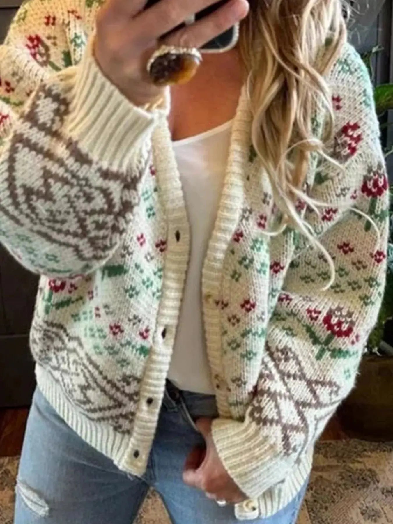 Cozy Vintage Floral Knit Button Up Cardigan