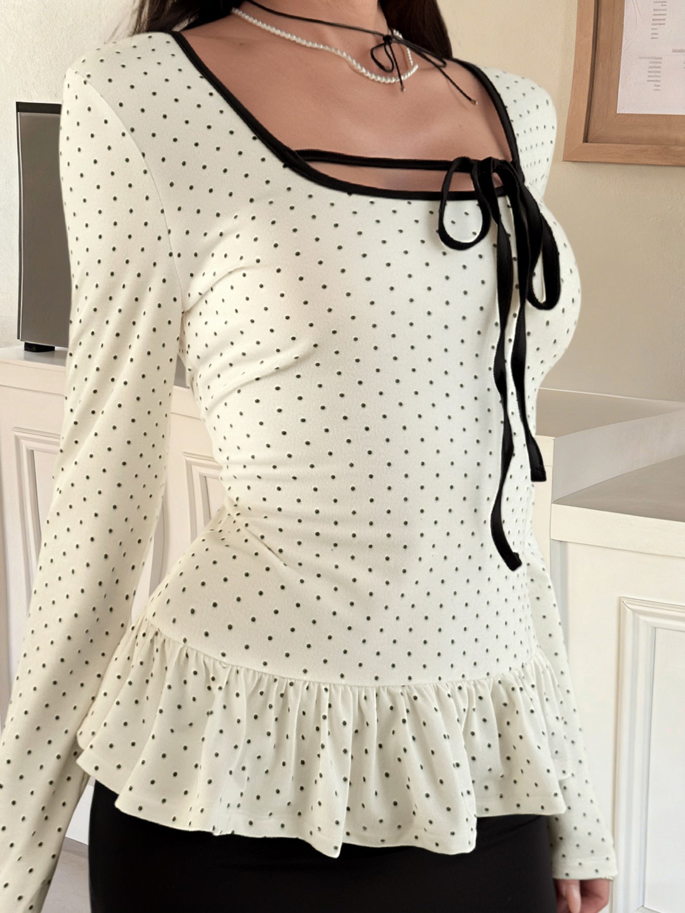 Polka Dot Ruffle Trim Tie Front Long Sleeve Top