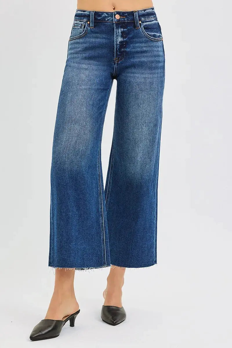 RISEN Jeans - Plus Size Mid Rise Crop Wide Raw Cut Hem Jeans