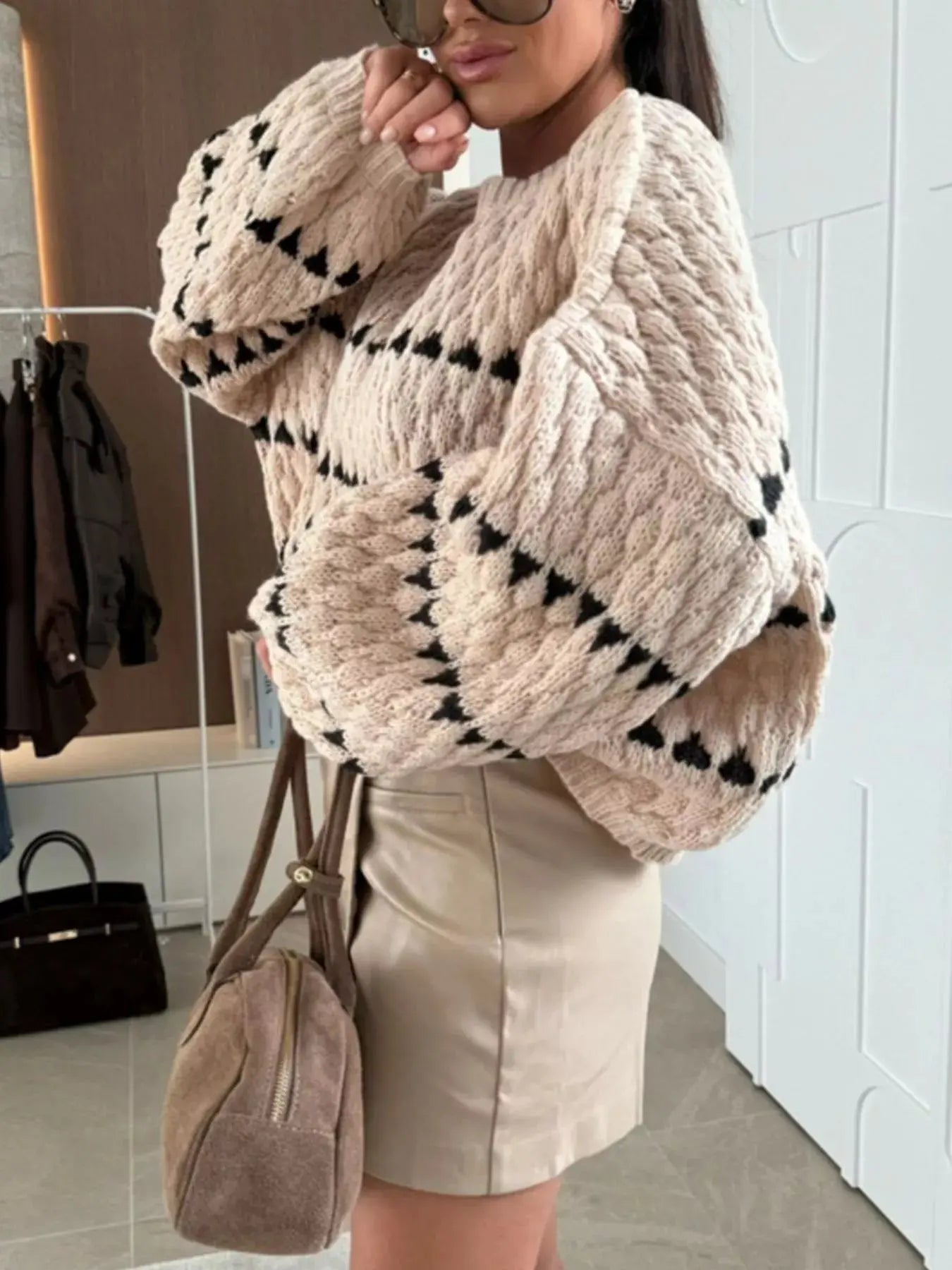 Striped Chunky Knit Sweater with Balloon Sleeves