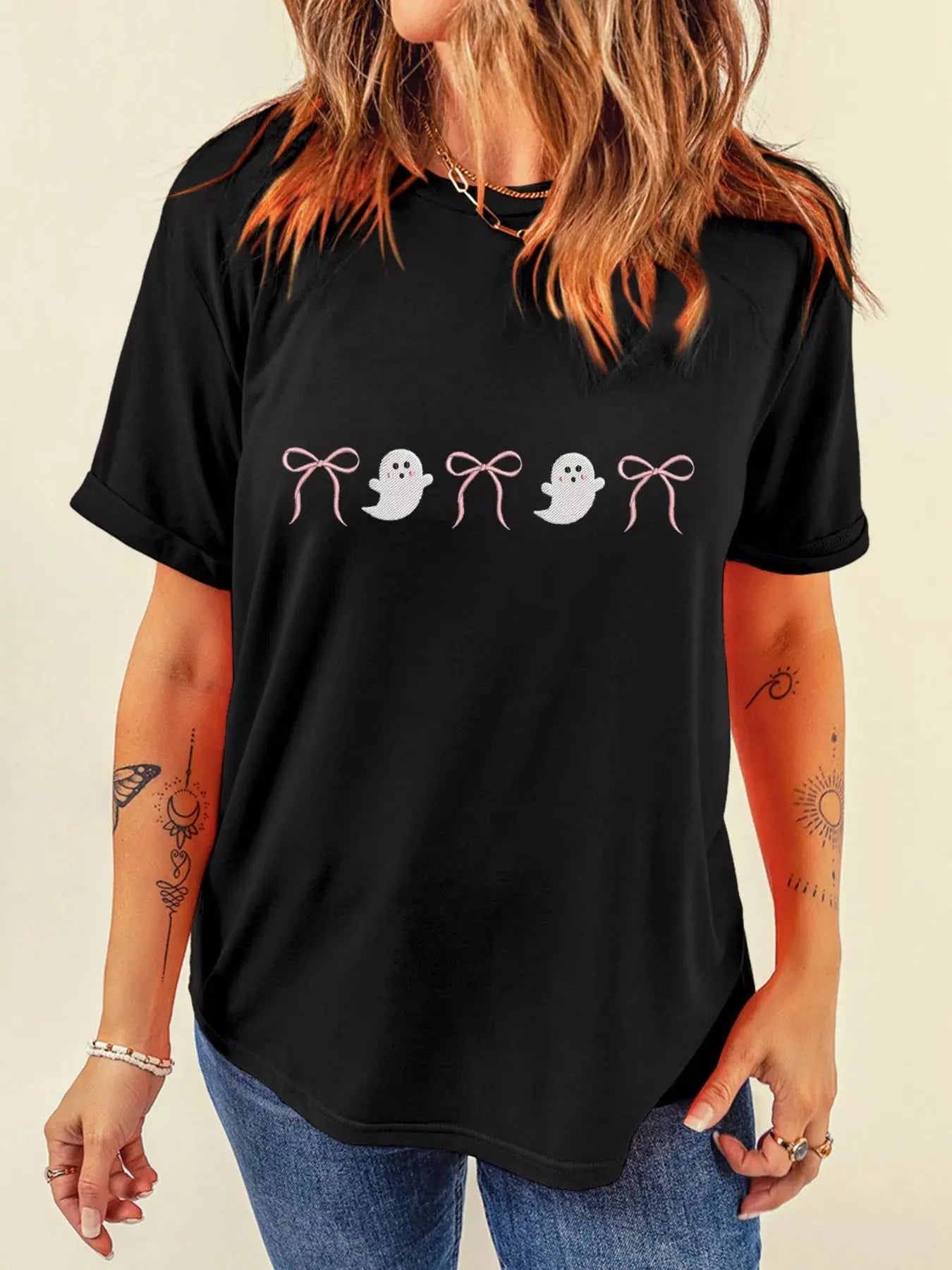 Ghost Bow Short Sleeve Halloween Graphic T Shirt