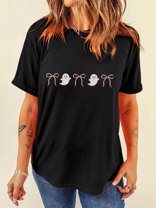 Ghost Bow Short Sleeve Halloween Graphic T Shirt