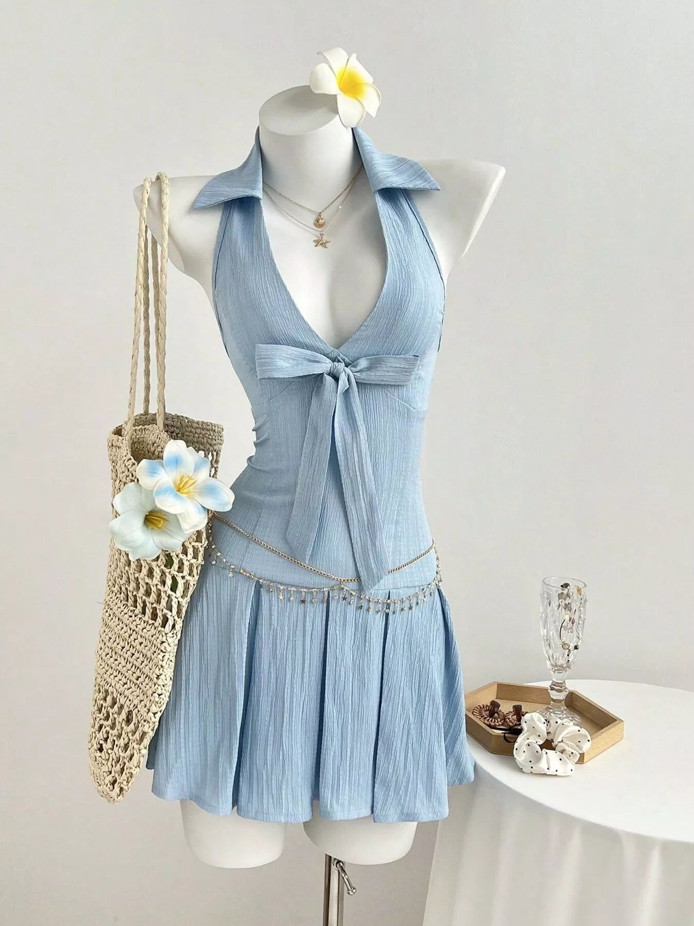 Blue Halter Neck Bow Tie Pleated Mini Dress
