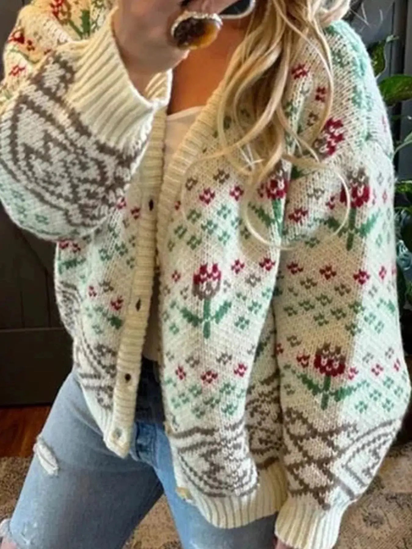 Cozy Vintage Floral Knit Button Up Cardigan