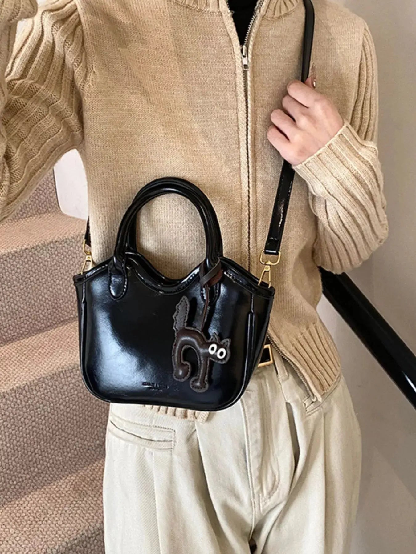 Cat Charm PU Leather Crossbody Bag