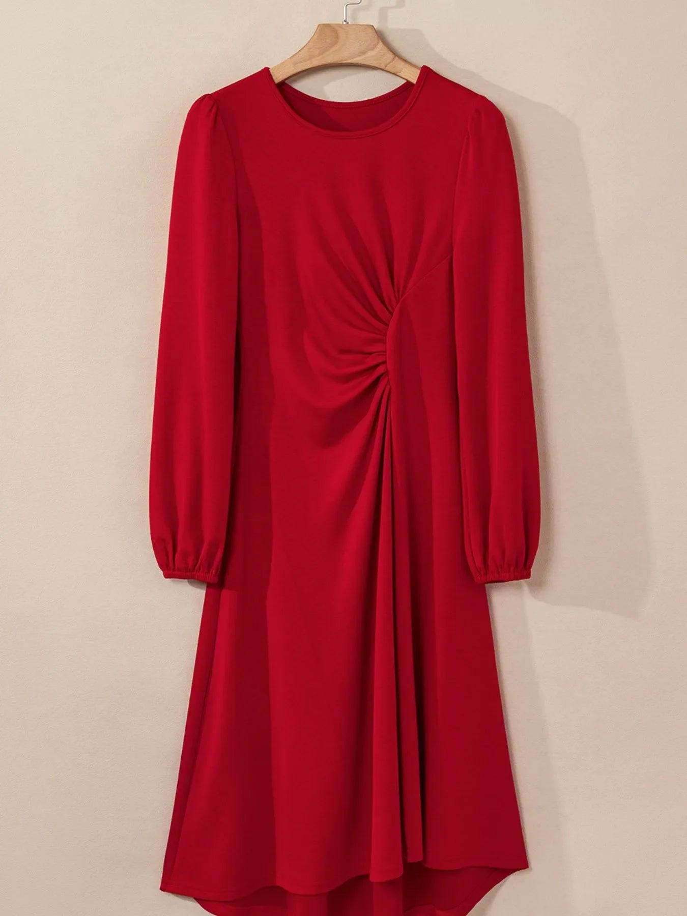 Solid Color Ruched Detail Long Sleeve Midi Dress