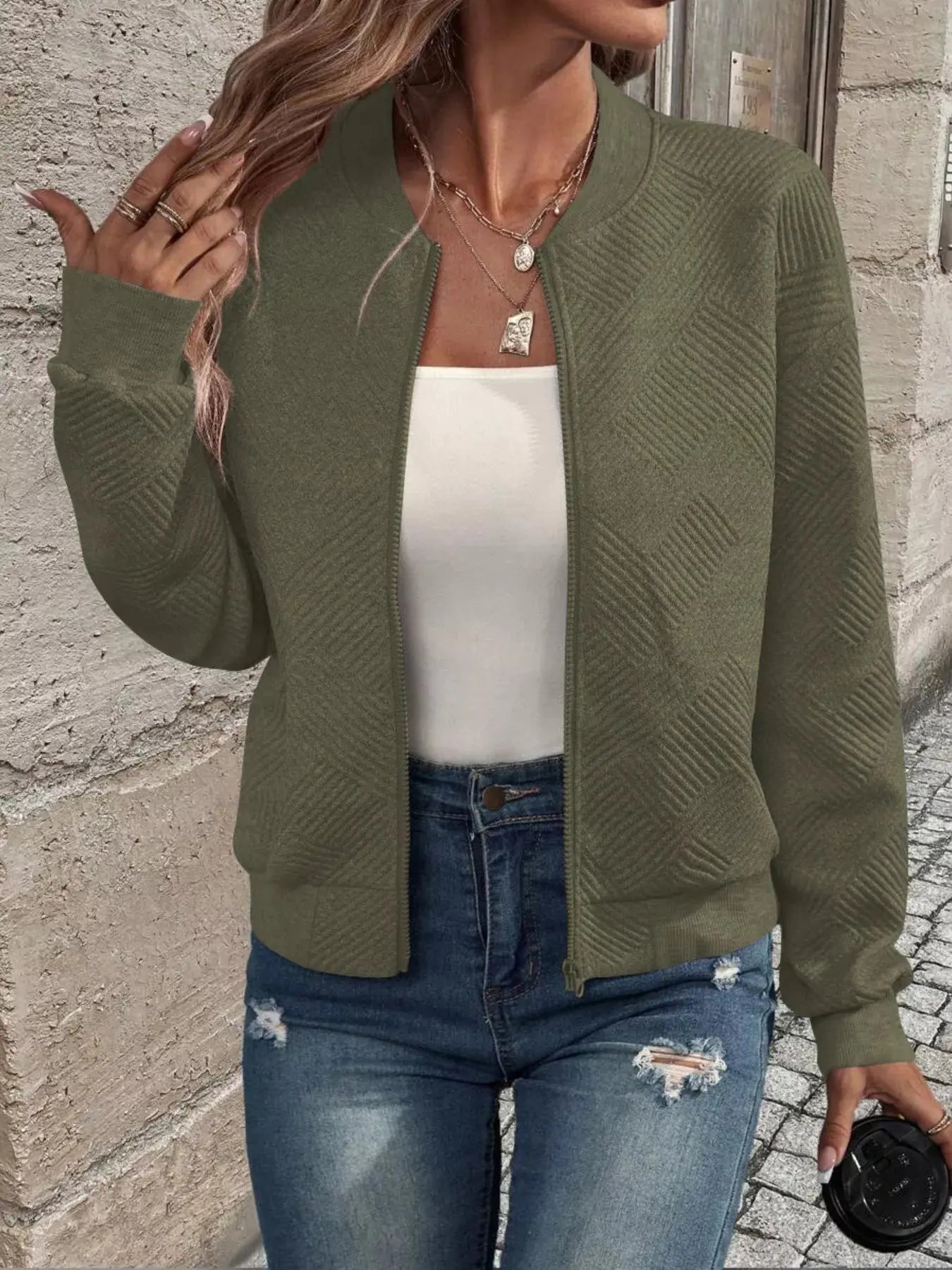 Texture Zip Up Bomber Jacket