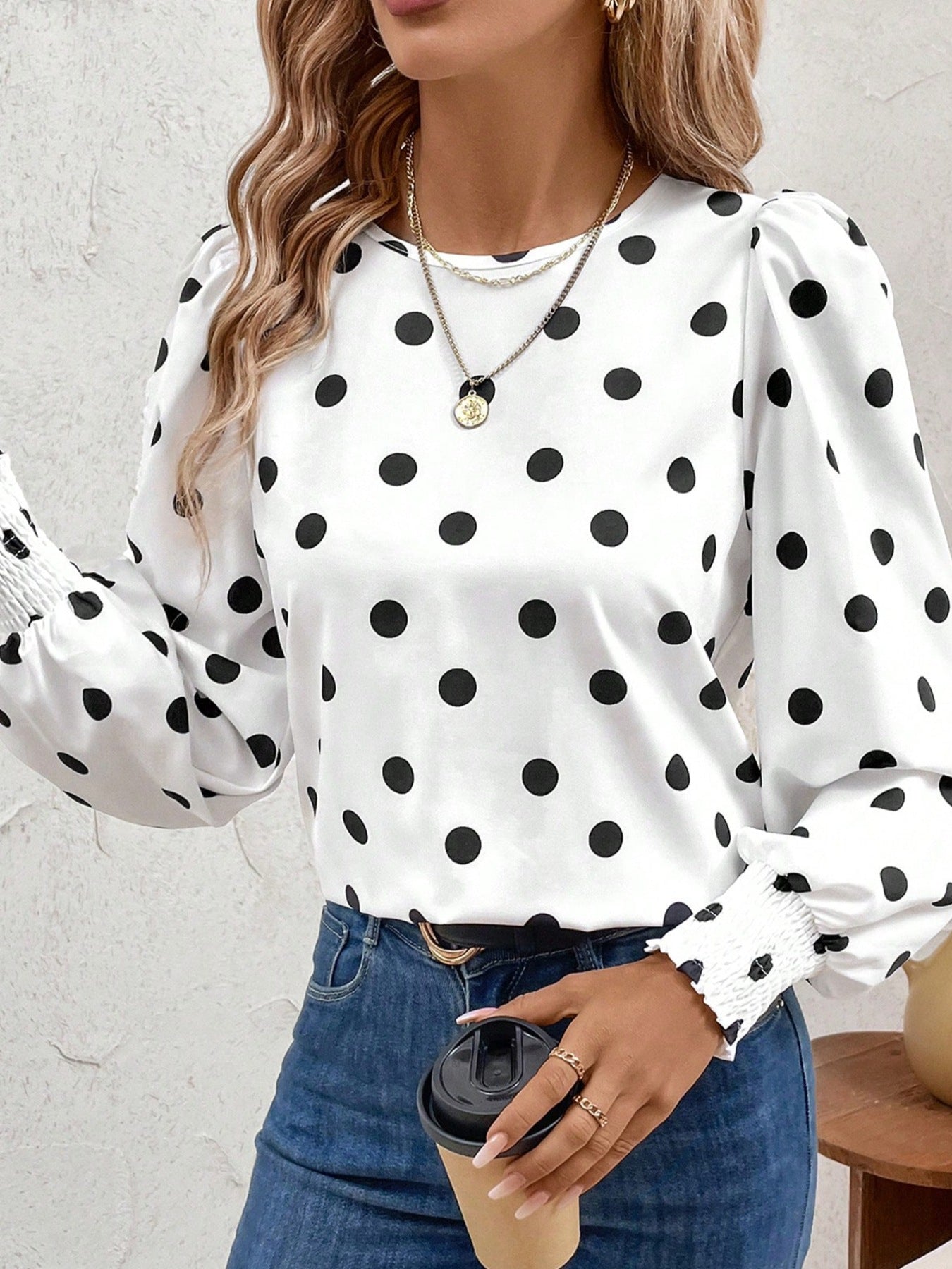 Women's White Polka Dot Long Sleeve Blouse