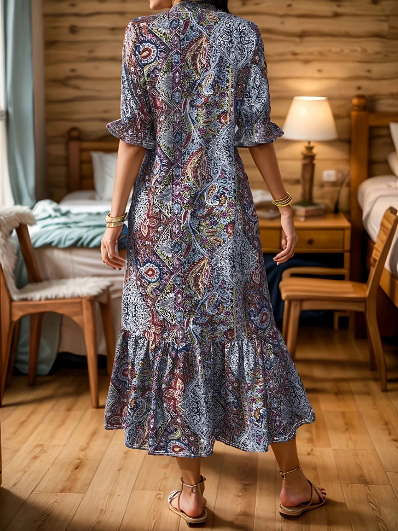 Bohemian Paisley Print Ruffle Hem Midi Dress
