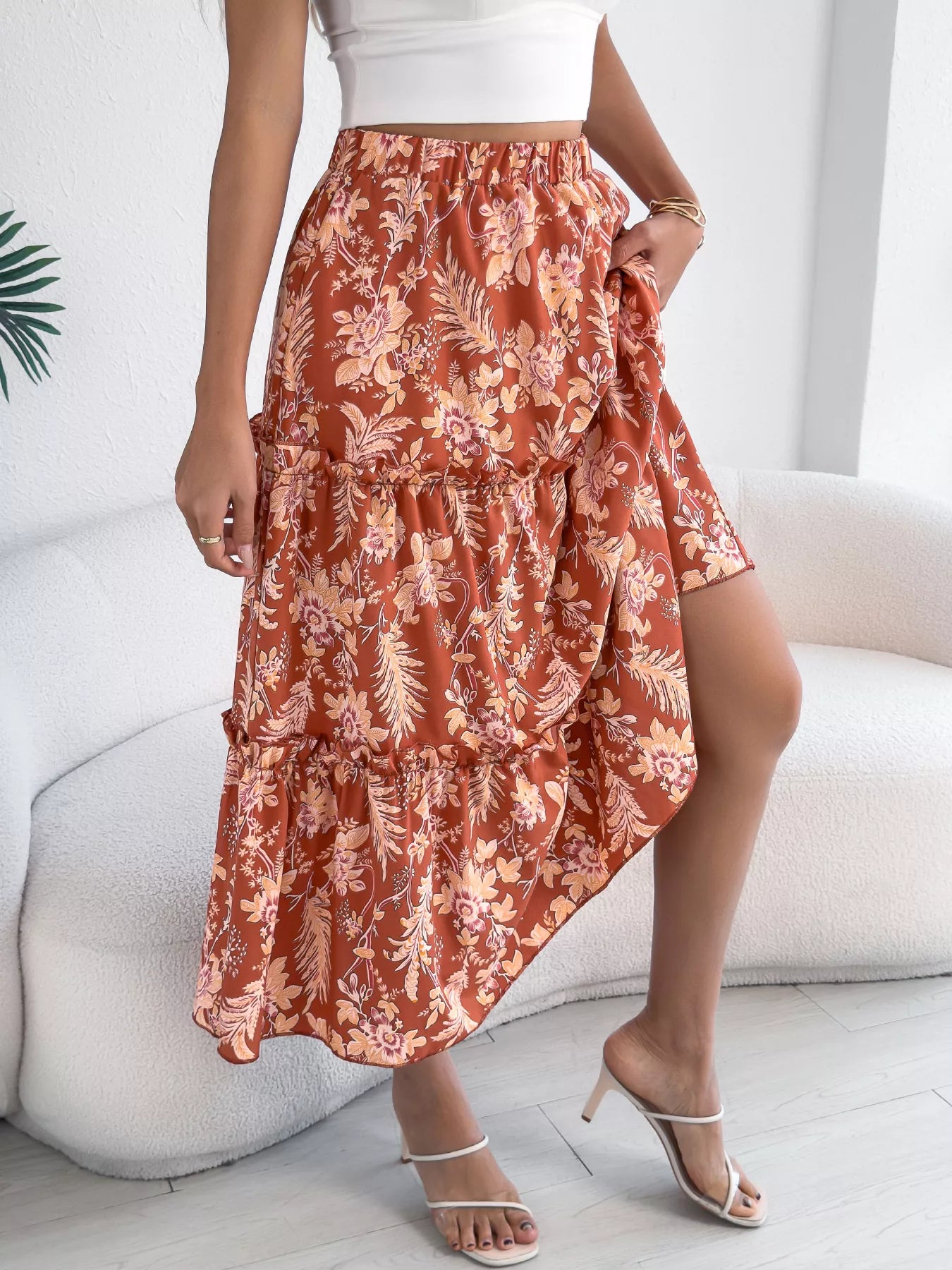 Floral Print Ruffle Hem Flowy Midi Skirt