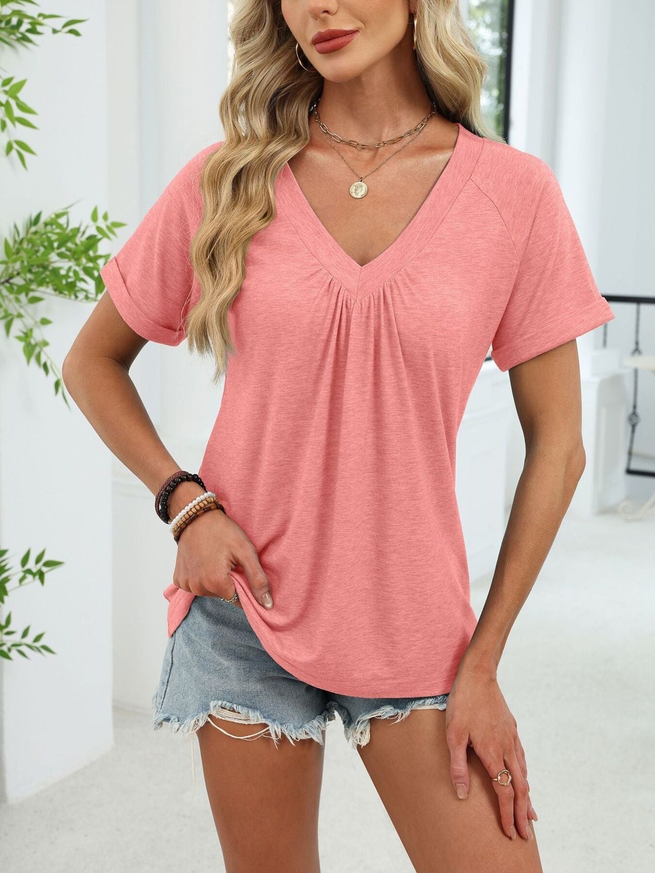 Women's Casual Ruched V Neck Short Sleeve T Shirt