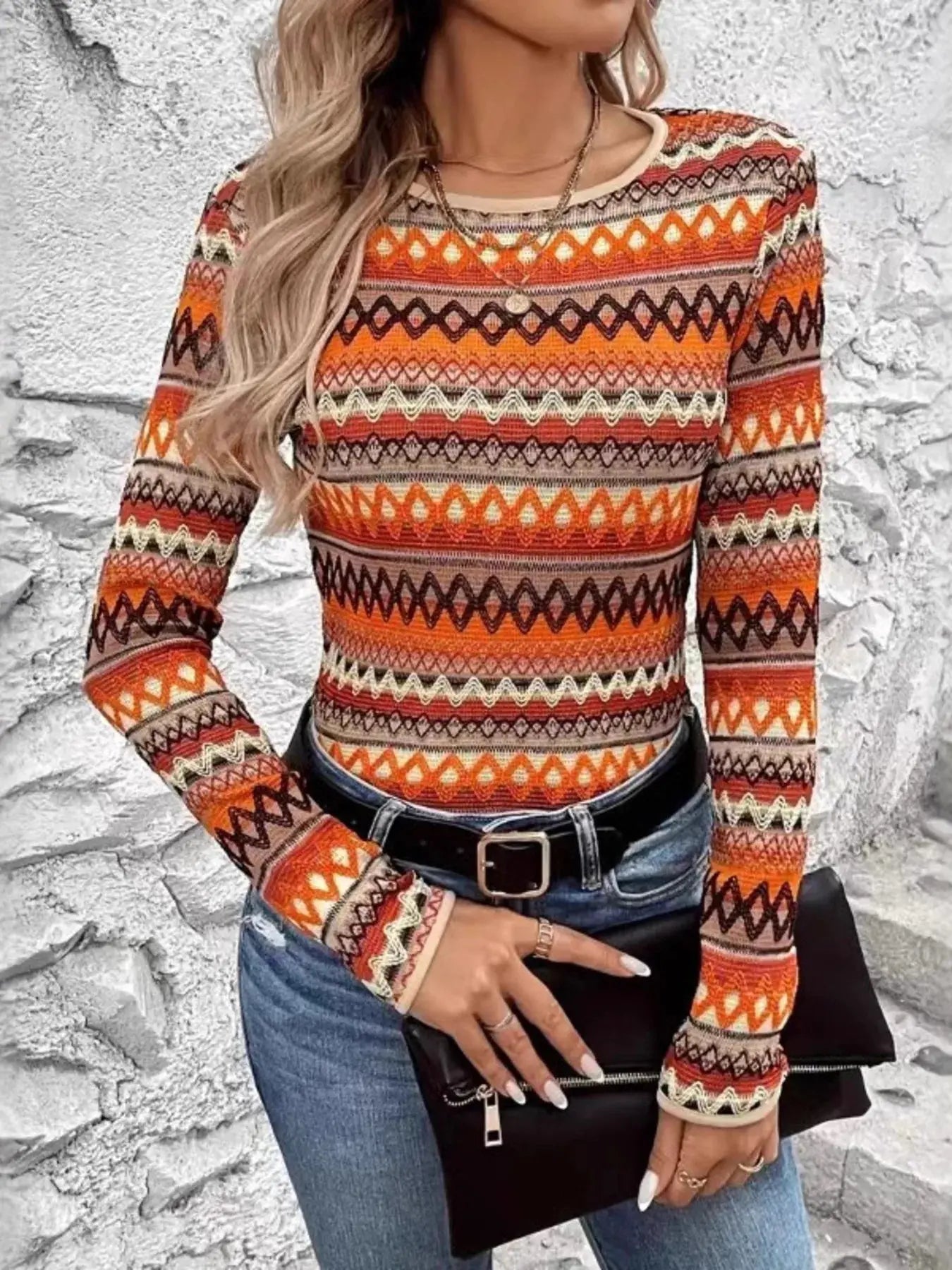 Geometric Pattern Long Sleeve Boho Top