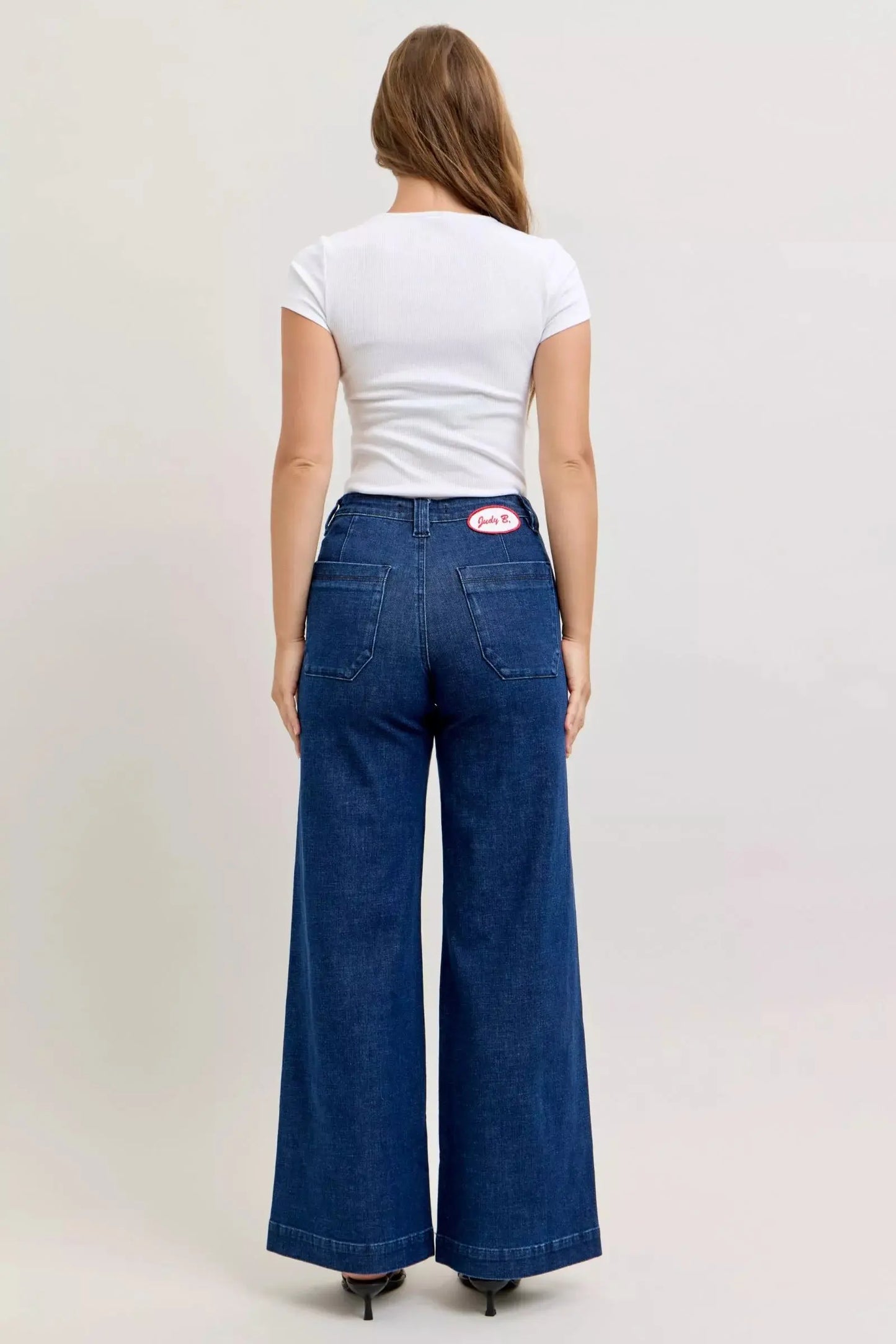 Judy Blue High-Waisted Retro Wide Jeans with Patch Pockets & Twisted Seams