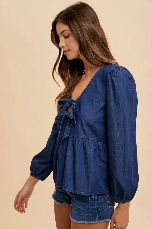 Women's Denim Peplum Top Denim Peplum Top - Navy Blue - Annie Wear Style