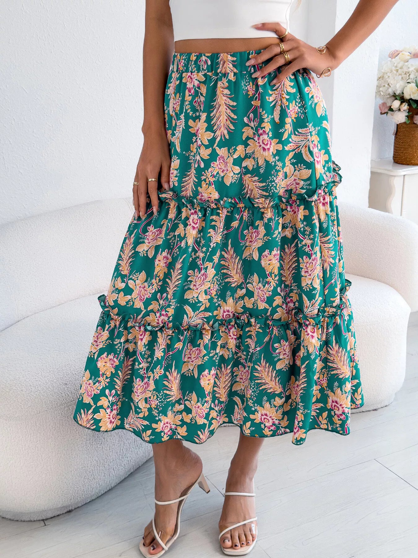 Floral Print Ruffle Hem Flowy Midi Skirt