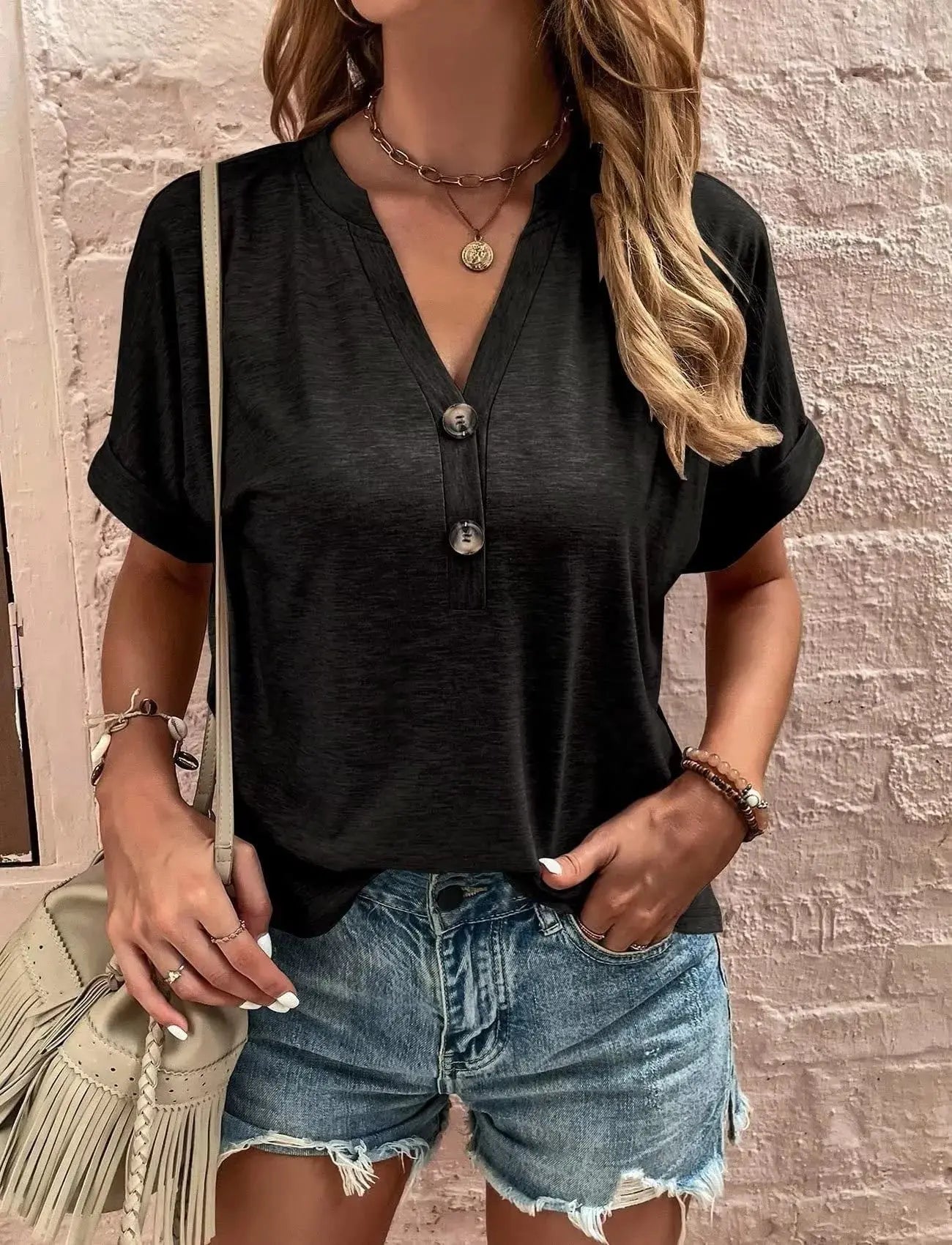 Full Size Notched Rolled Short Sleeve T Shirt