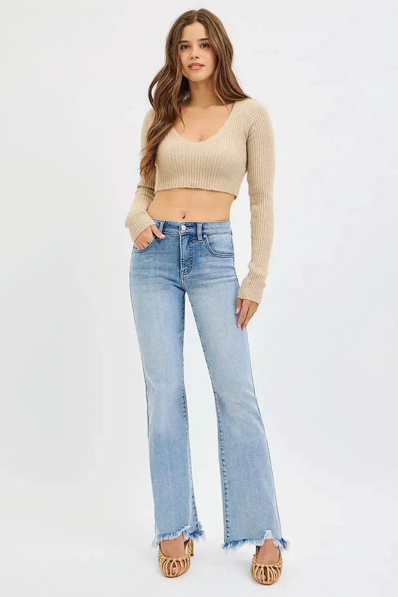 RISEN Jeans - Plus Size Tummy Control Mid Rise Flare Jeans with Fray Hem