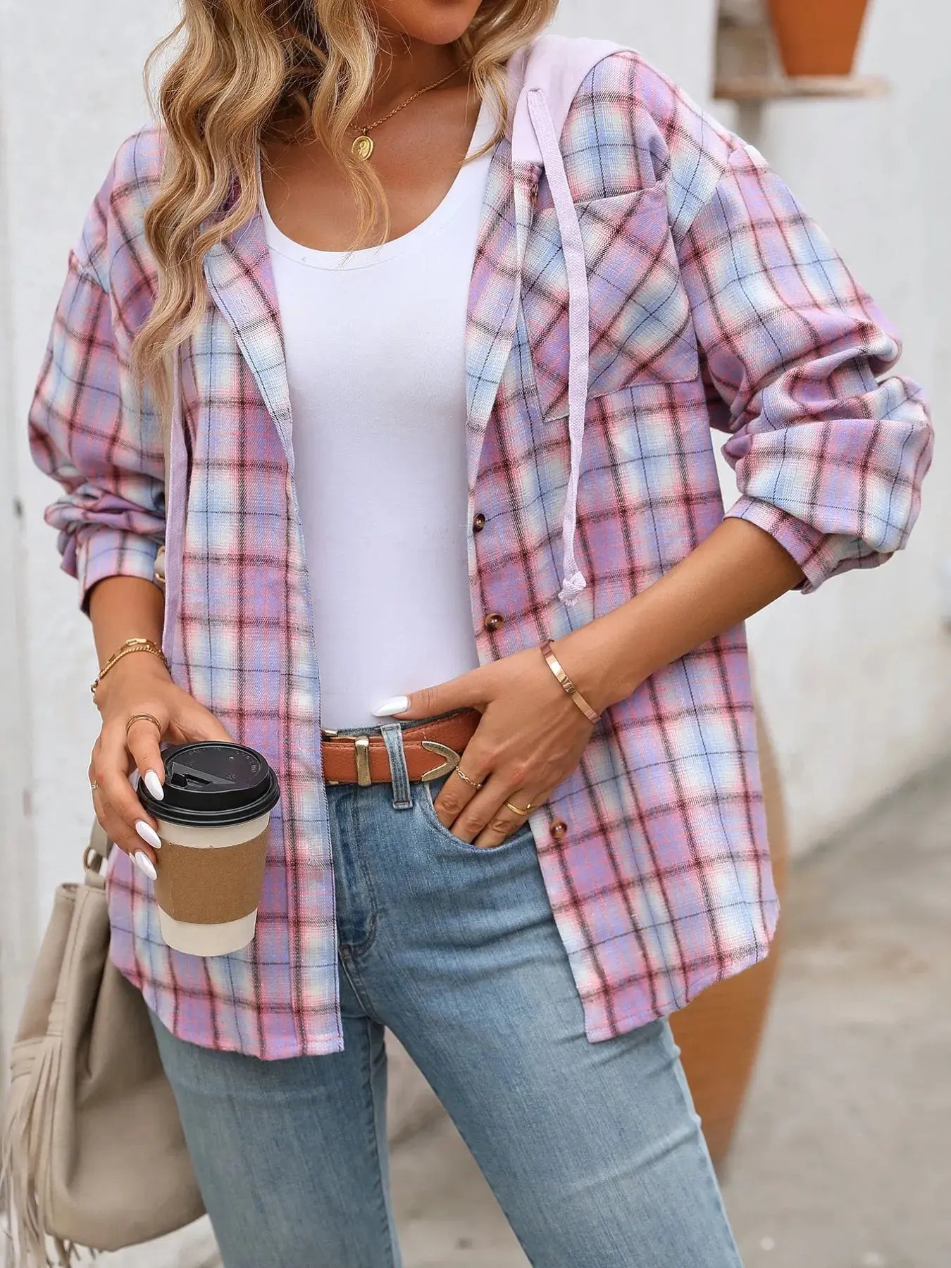 Plaid Button-Up Oversized Hooded Shirt with Chest Pocket
