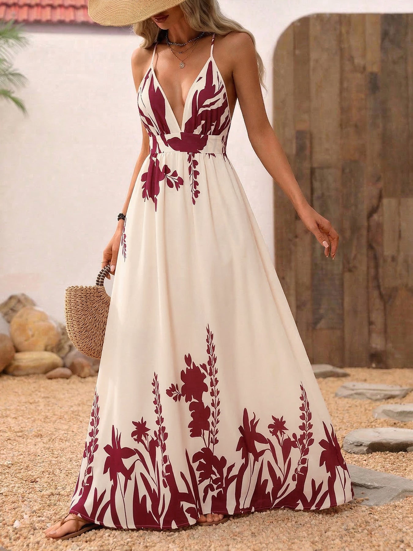 Deep V Neck Spaghetti Strap Maxi Dress