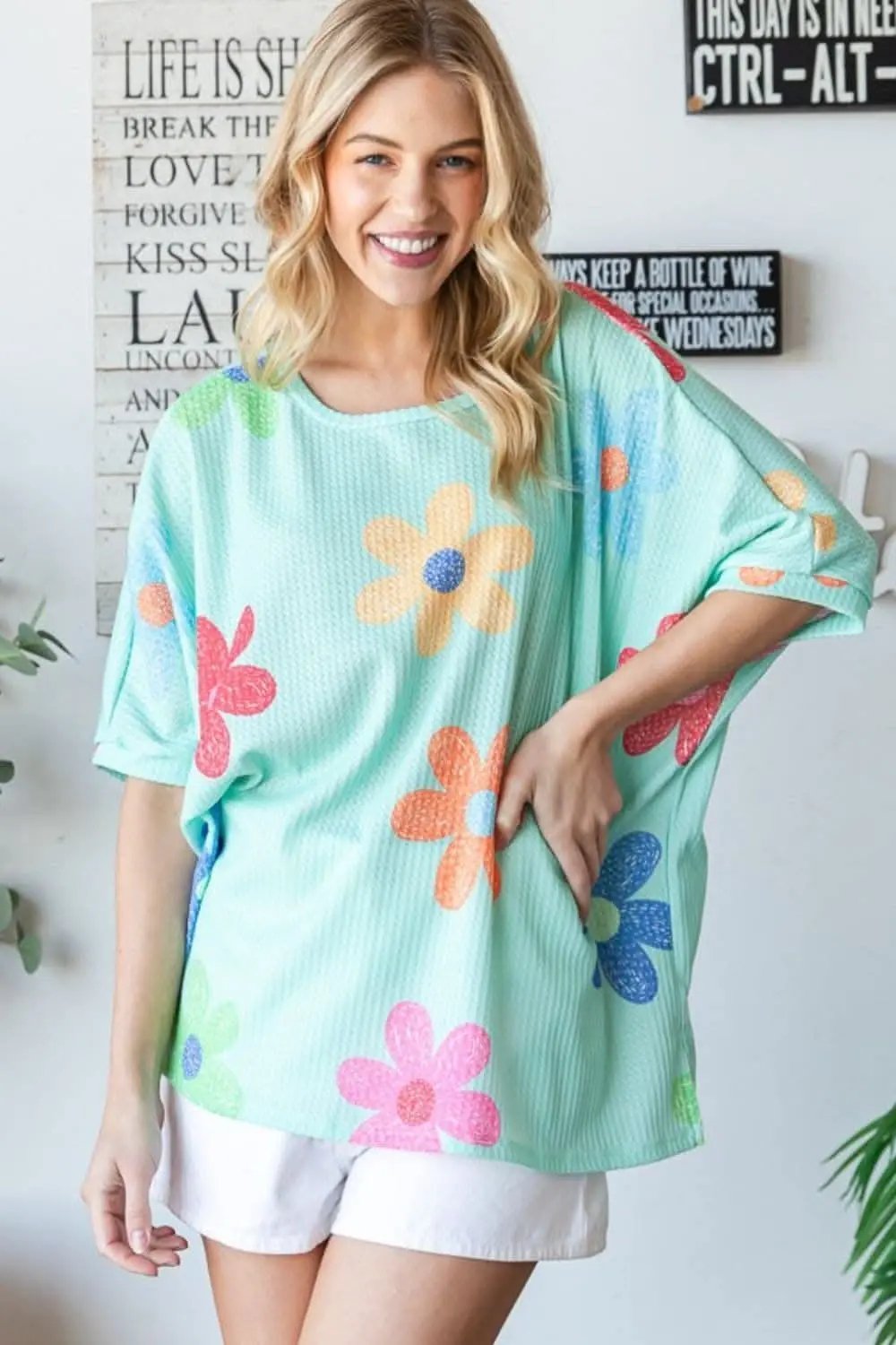 Shorts Trendsi Floral Waffle Tee Women's Everyday Oversized T-Shirt Soft & Comfy