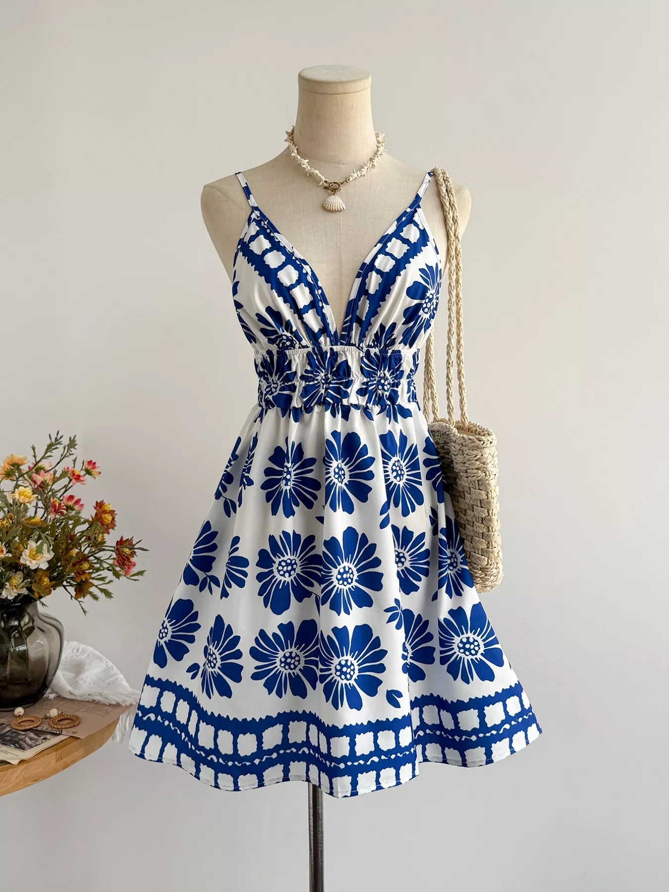 Floral Print V Neck Mini Dress
